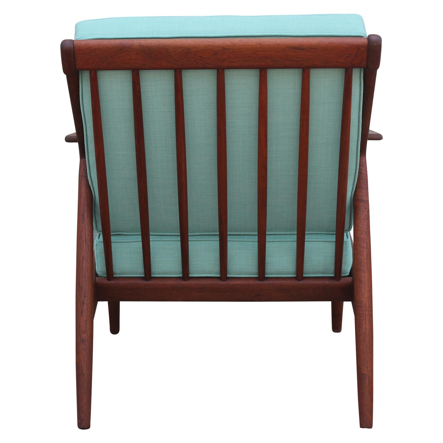 Modern Danish Teak Spindle Back Lounge Chair in Turquoise by Jason Ringsted In Excellent Condition In Houston, TX