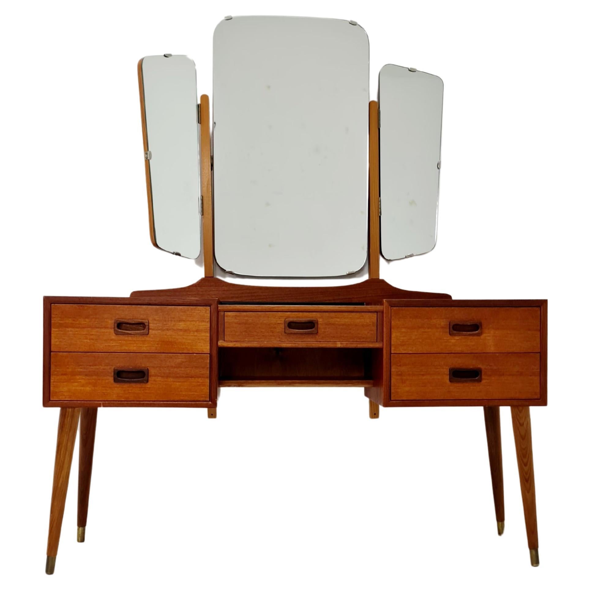 Modern Danish Teak vanity table with stool make up table by Fröseke 1960 For Sale
