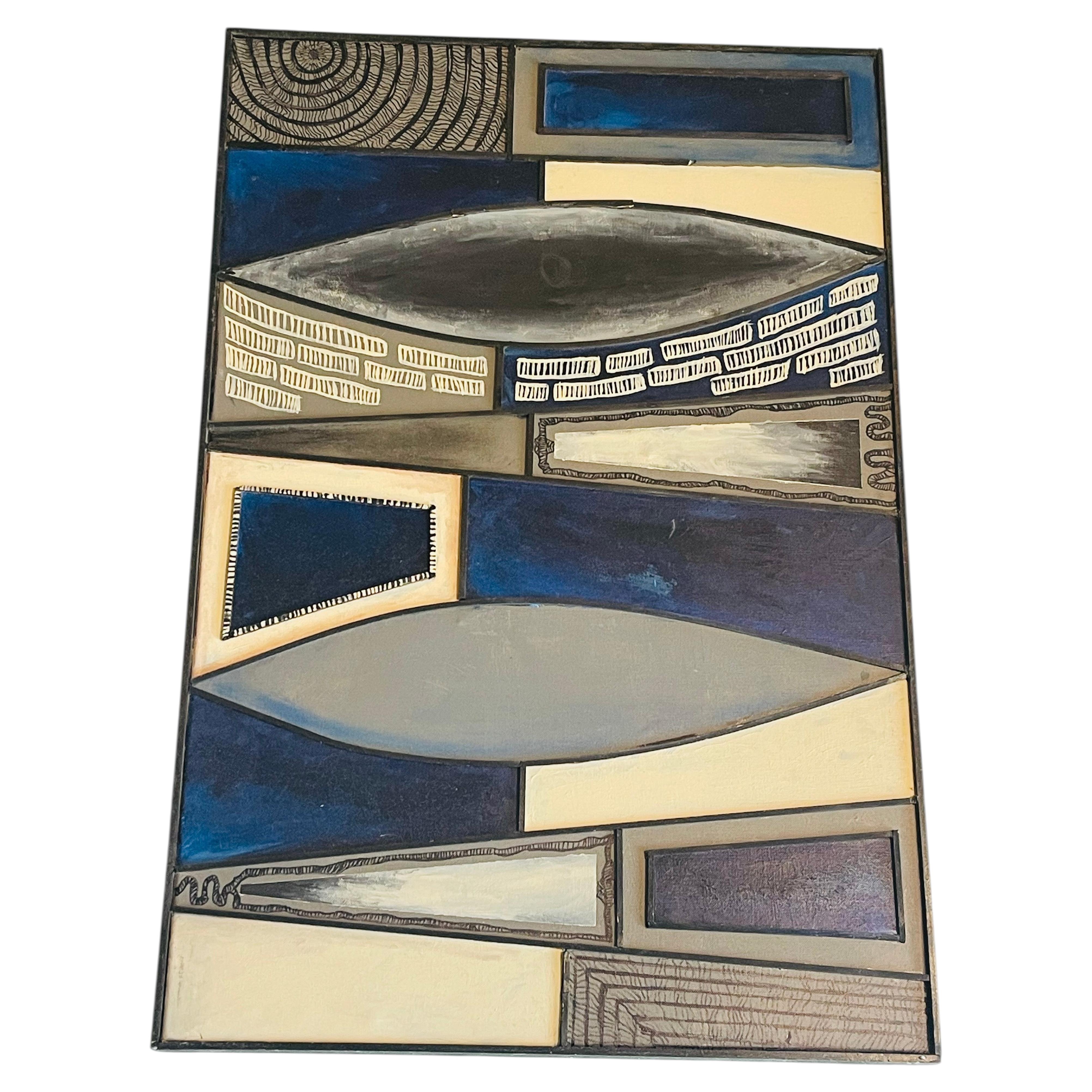 Modern Dark Blue Abstract on Canvas Oainting Framed For Sale