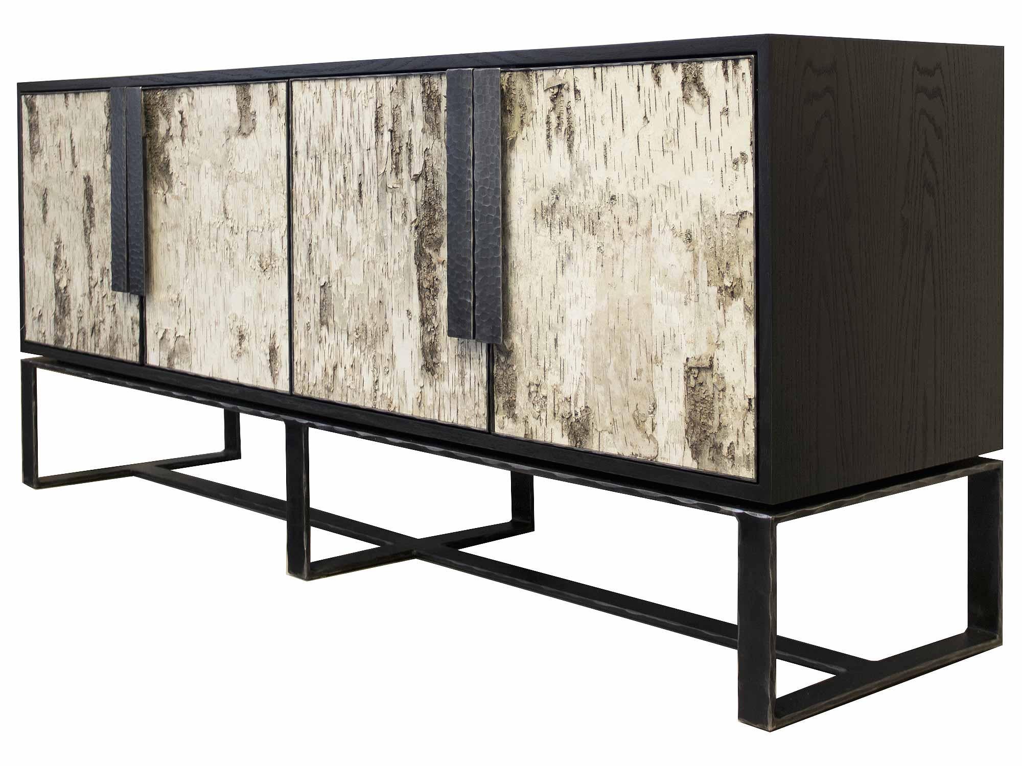 The birch buffet by Ercole Home has a 4-door front, with Espresso wood finish on oak.
Natural birch barks decorate the surface with hand-hammered metal framed doors, handles, and base in natural steel metal finish.
There is one adjustable interior