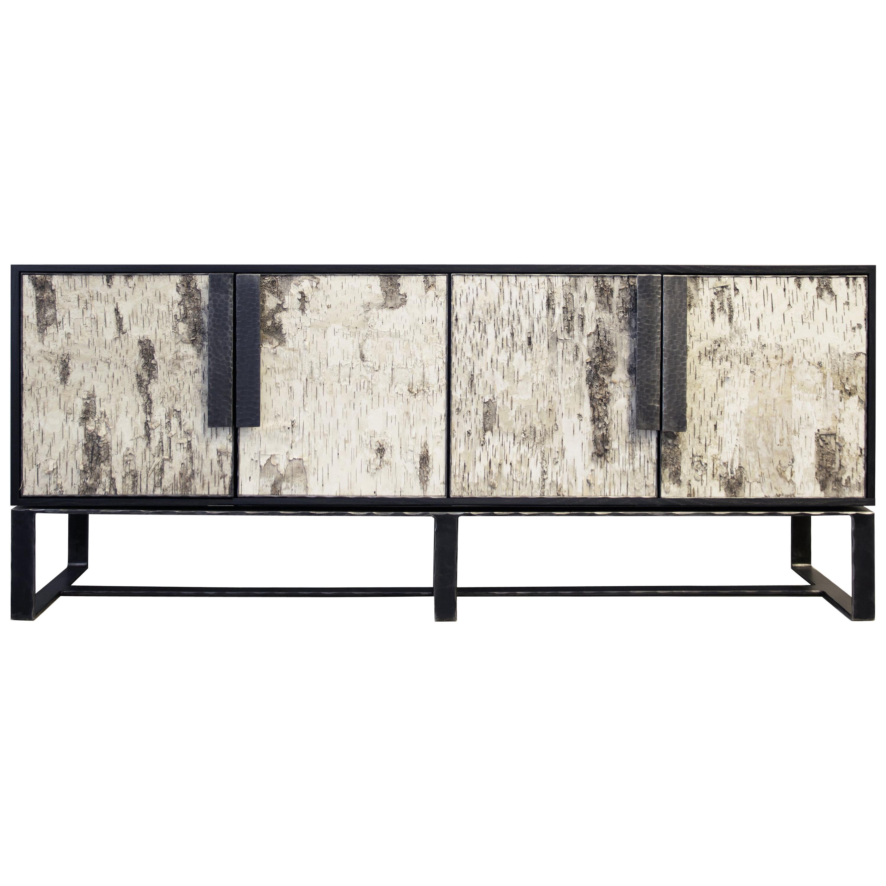 Modern Dark Brown Birch Buffet with Hand Forged Metal Base by Ercole Home For Sale