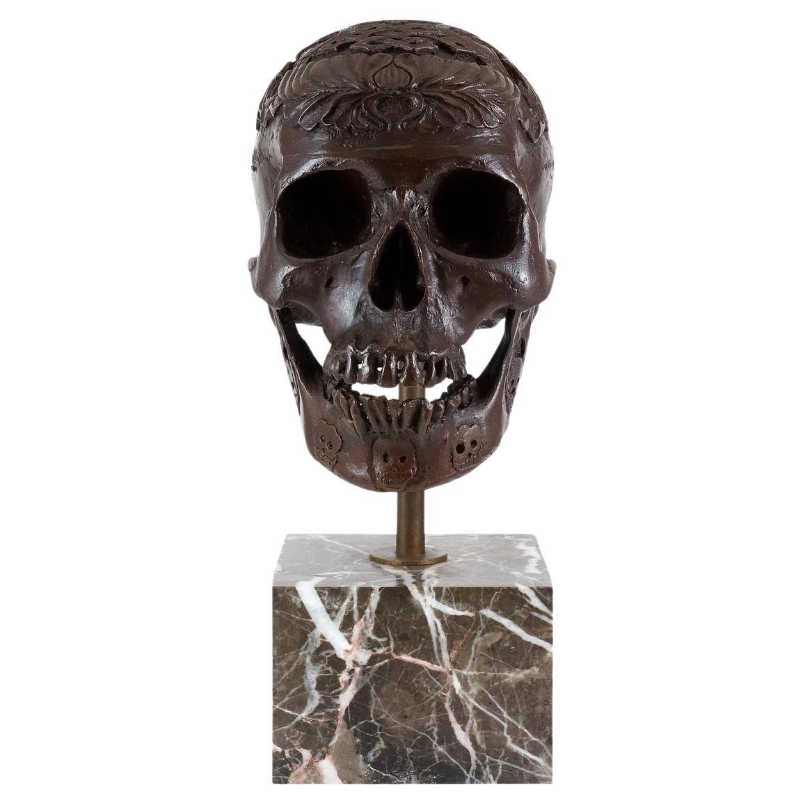 Modern Dark Brown Patinated Bronze Skull Sculpture