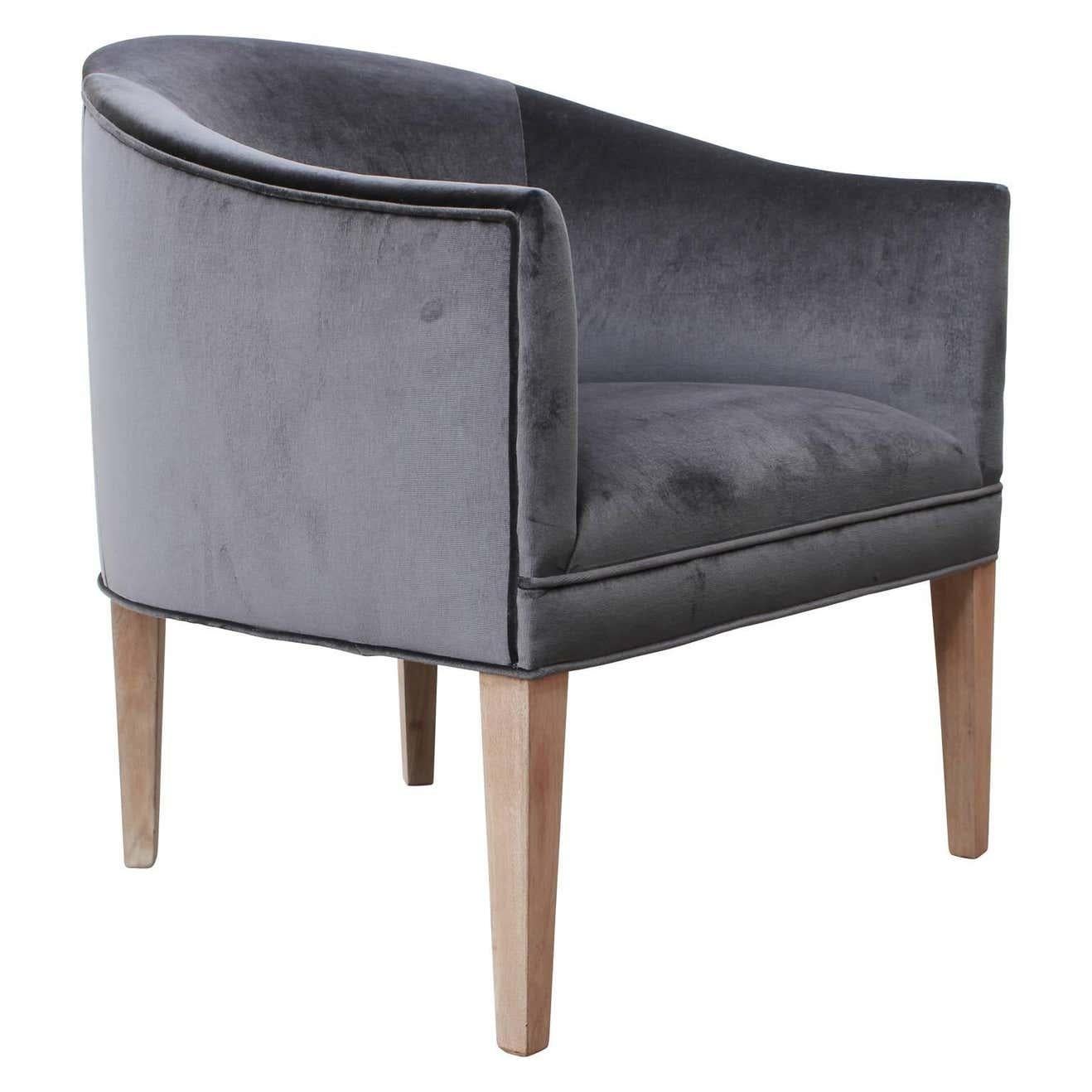 Single modern grey velvet barrel back club chairs. Recently refinished and freshly upholstered in lush deep grey velvet. Perfect for any modern or mid-mod home.