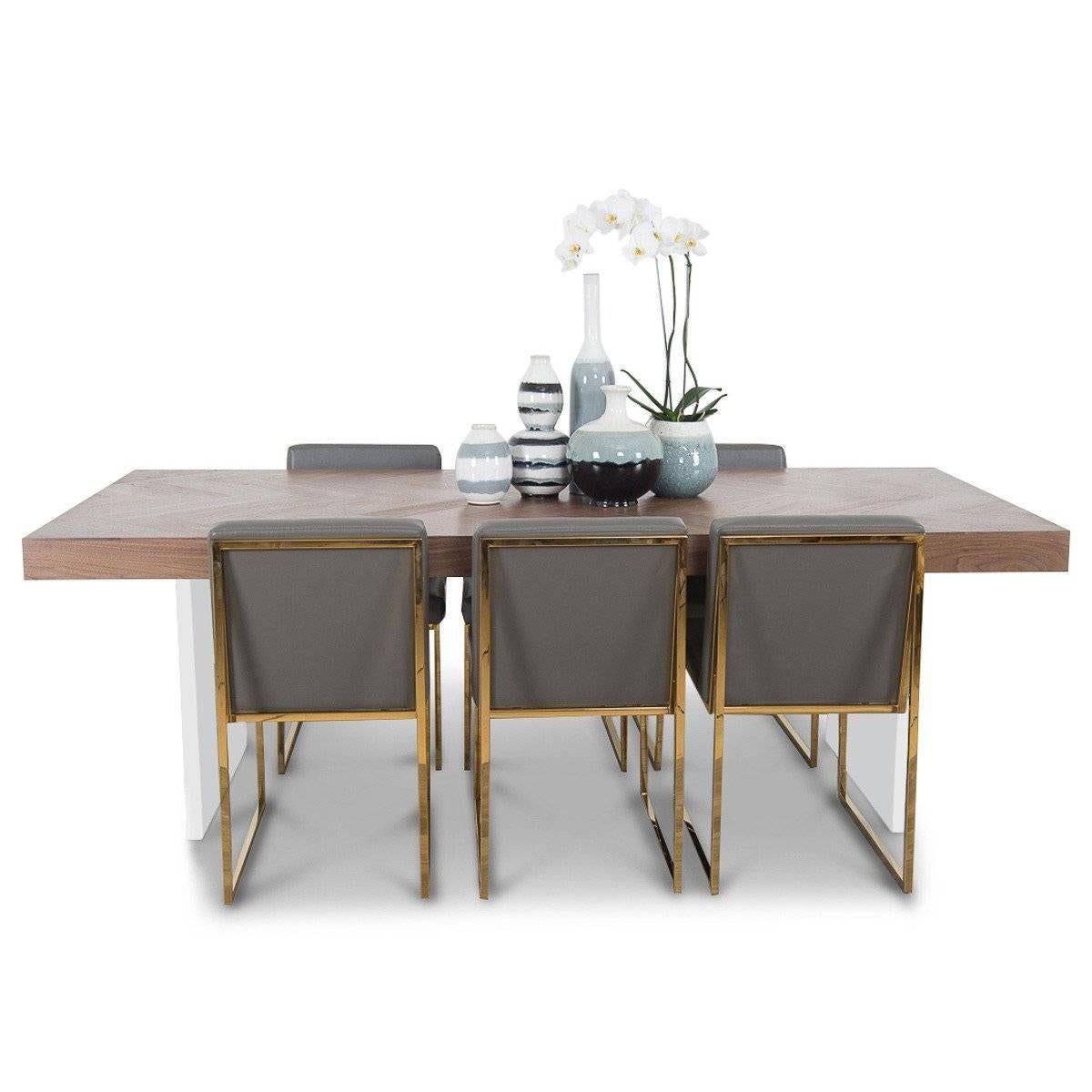 Moderne Table de salle à manger moderne en noyer foncé Handmaid Herringbone Pattern & Plinthe Pied en Lucite