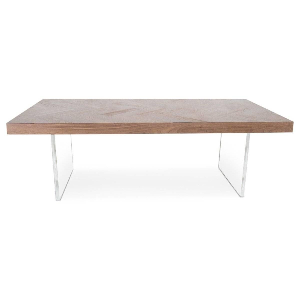 American Modern Dark Walnut Dining Table Handmaid Herringbone Pattern & Plinth Lucite Leg