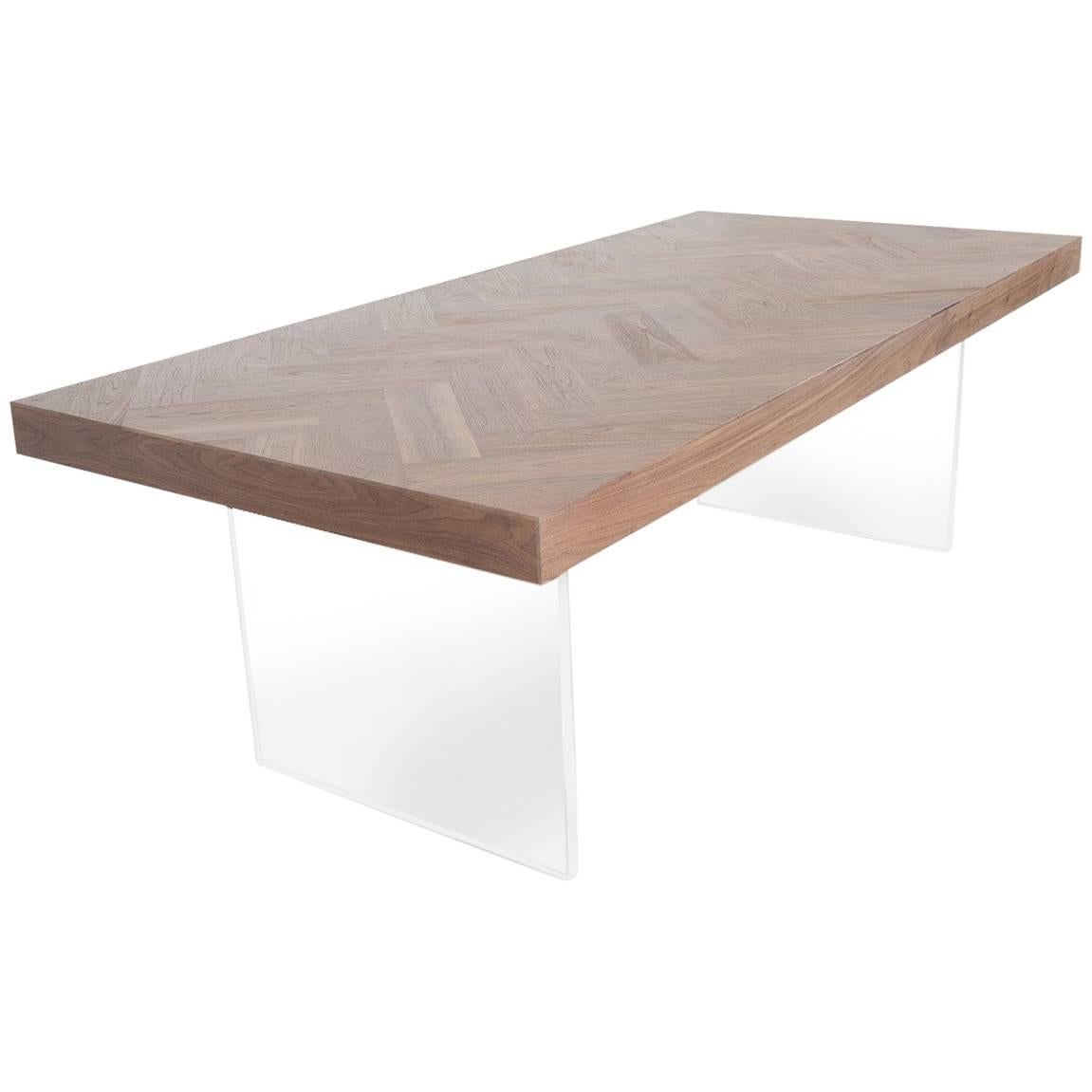 Modern Dark Walnut Dining Table Handmaid Herringbone Pattern & Plinth Lucite Leg