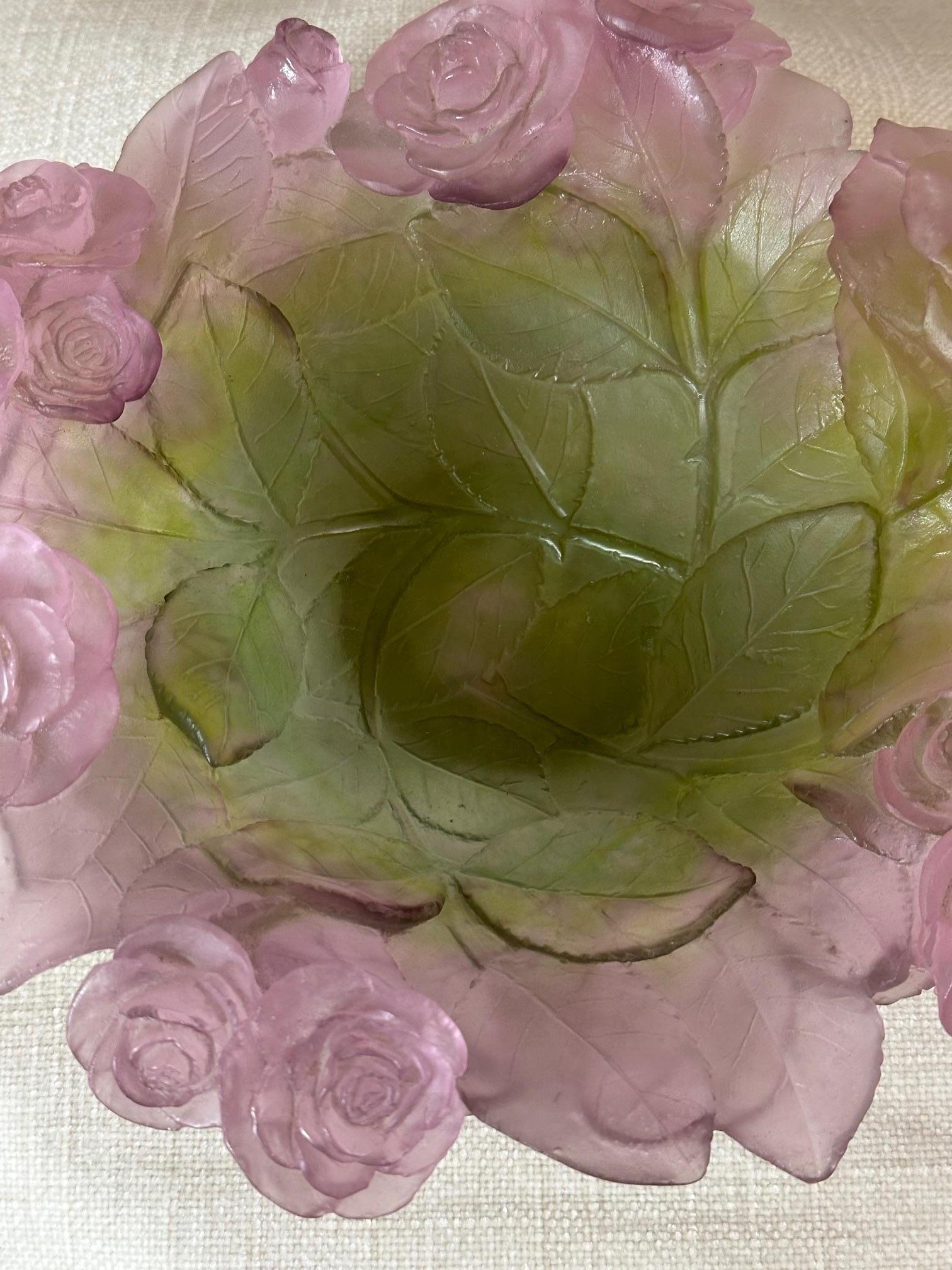 Modern Daum France Roses and Leaves Pate de verre Bowl 4