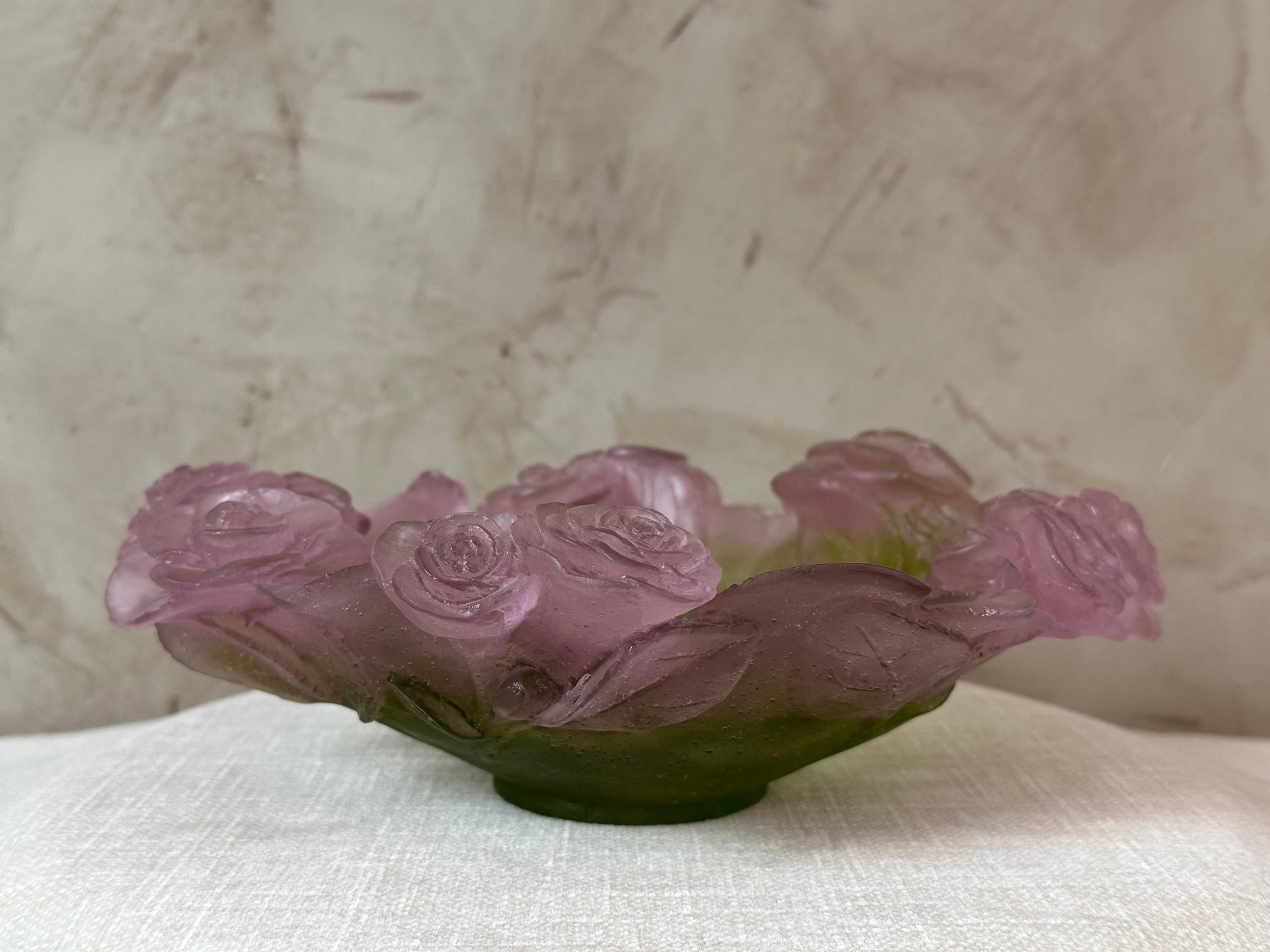 Modern Daum France Roses and Leaves Pate de verre Bowl 5