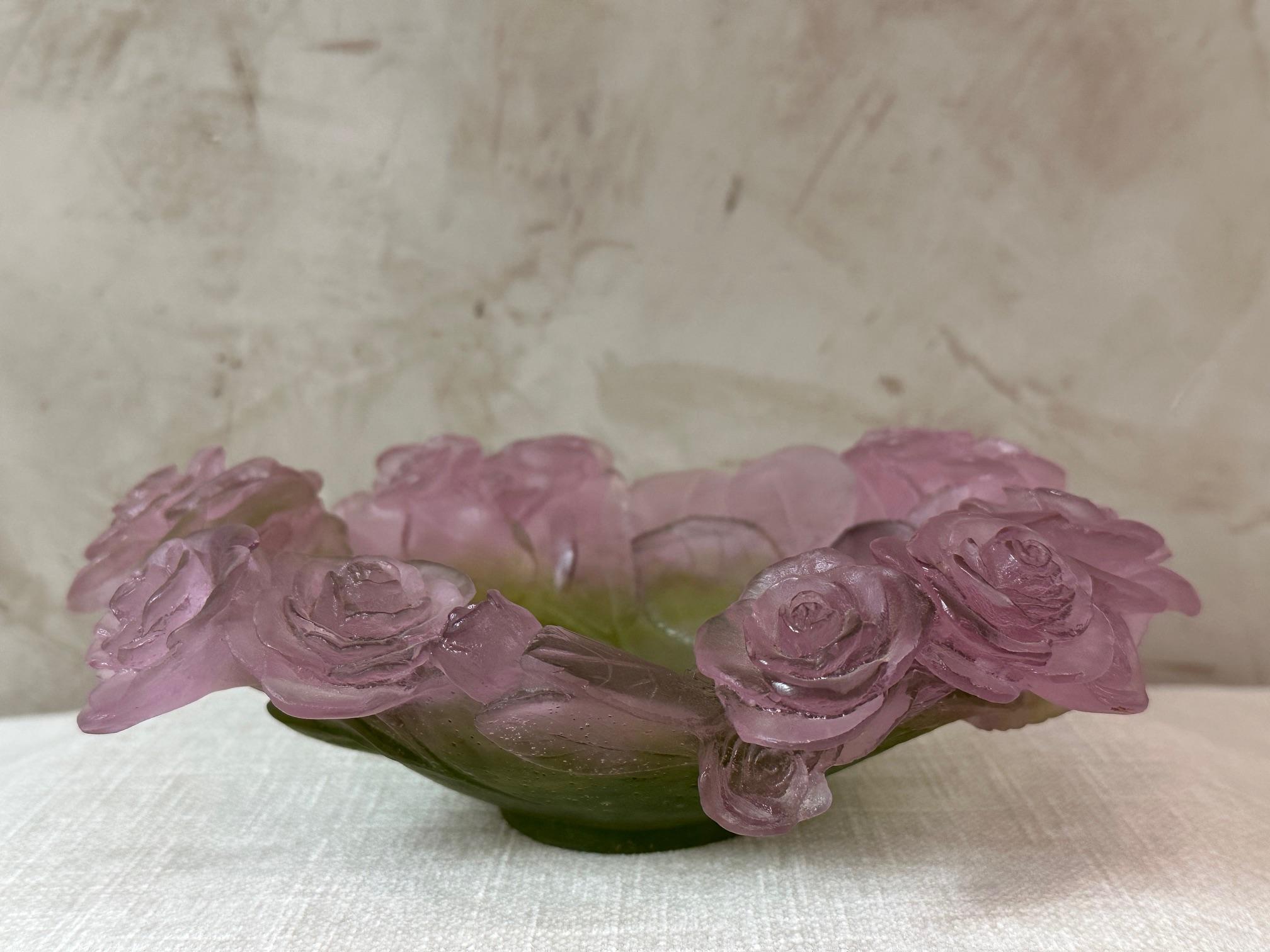 Modern Daum France Roses and Leaves Pate de verre Bowl 6