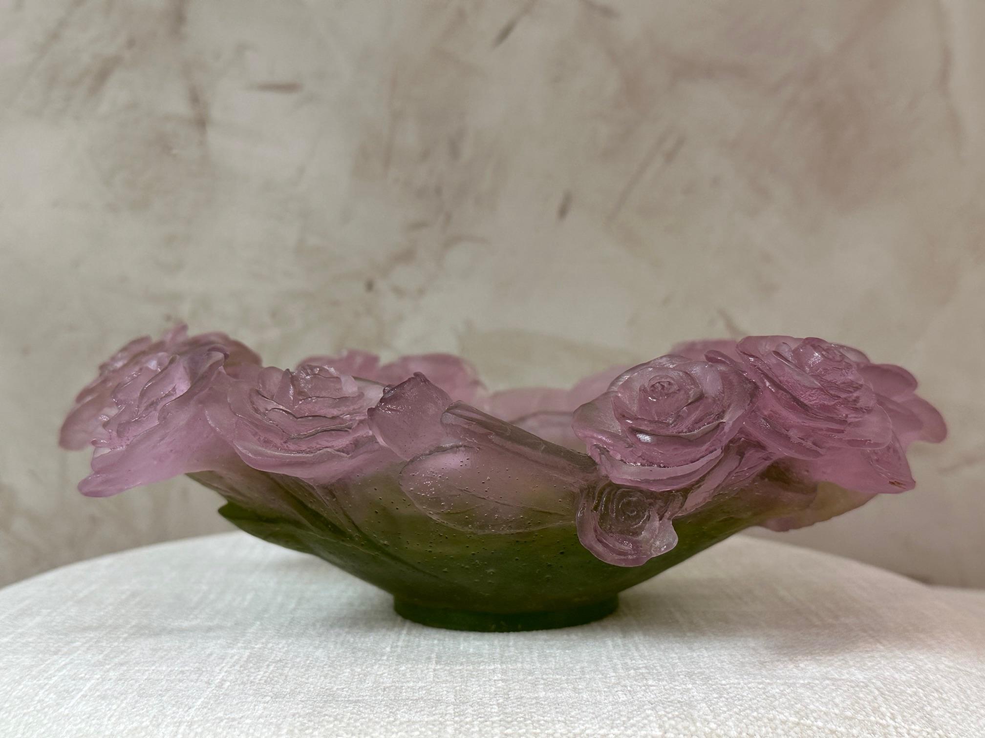 Modern Daum France Roses and Leaves Pate de verre Bowl 7