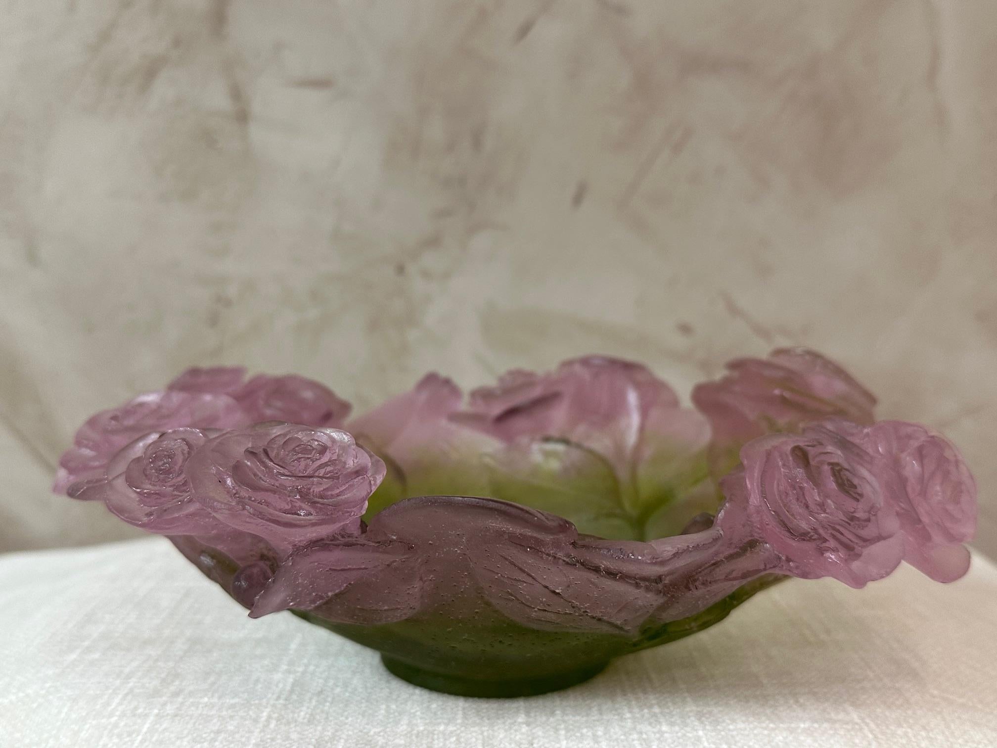 French Modern Daum France Roses and Leaves Pate de verre Bowl