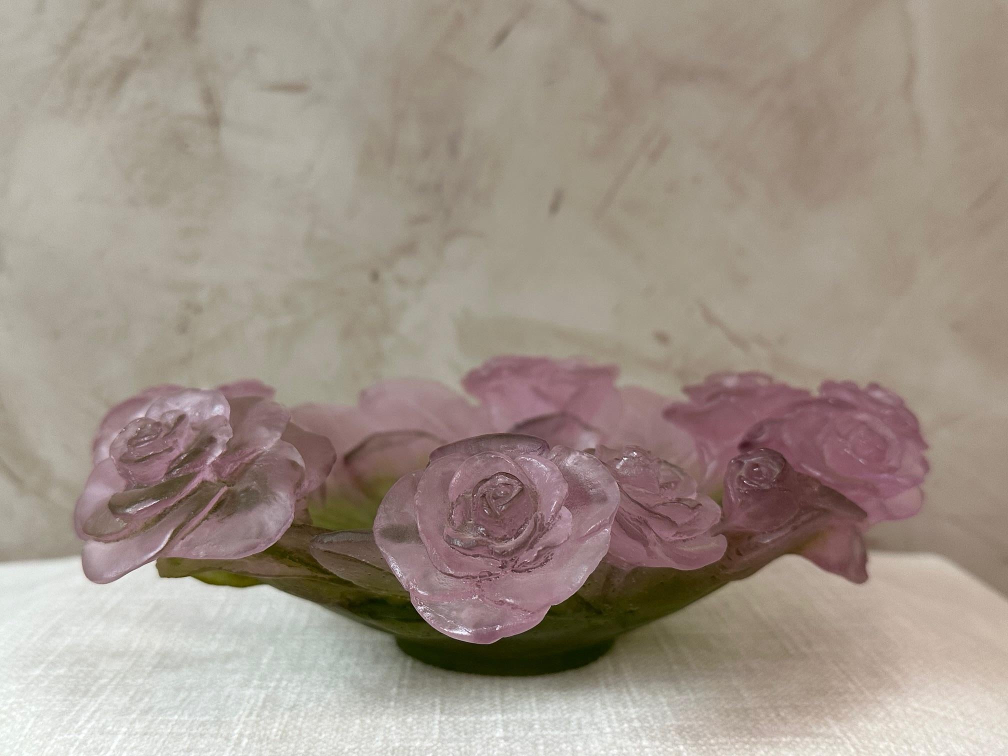 Contemporary Modern Daum France Roses and Leaves Pate de verre Bowl