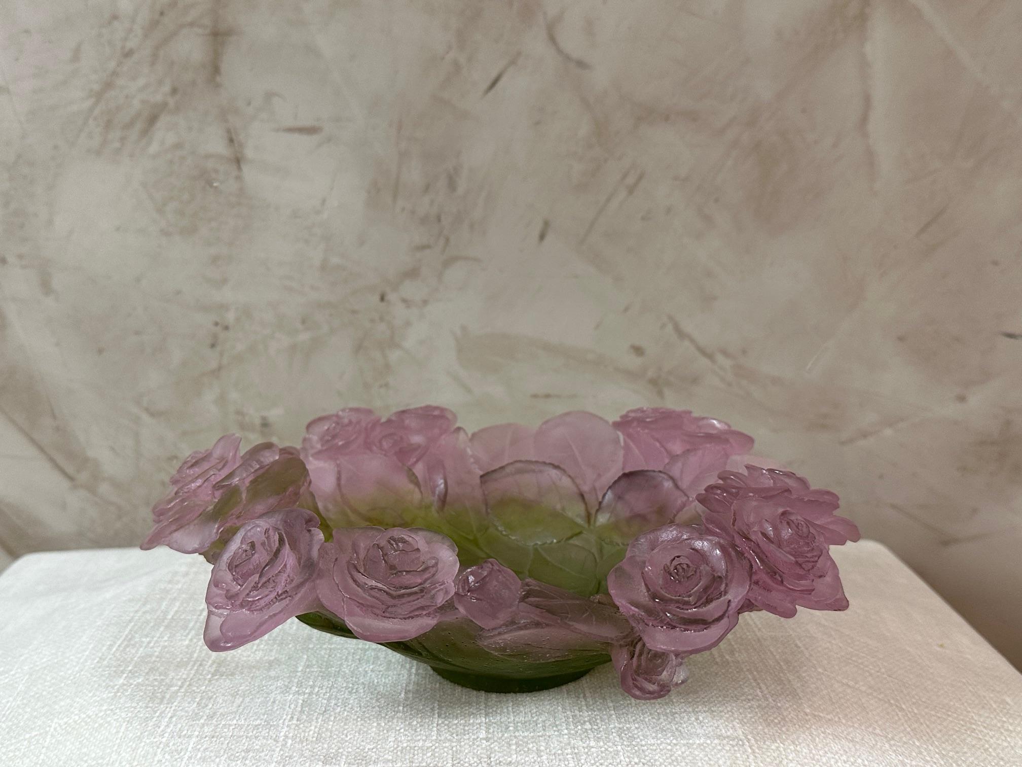 Modern Daum France Roses and Leaves Pate de verre Bowl 1