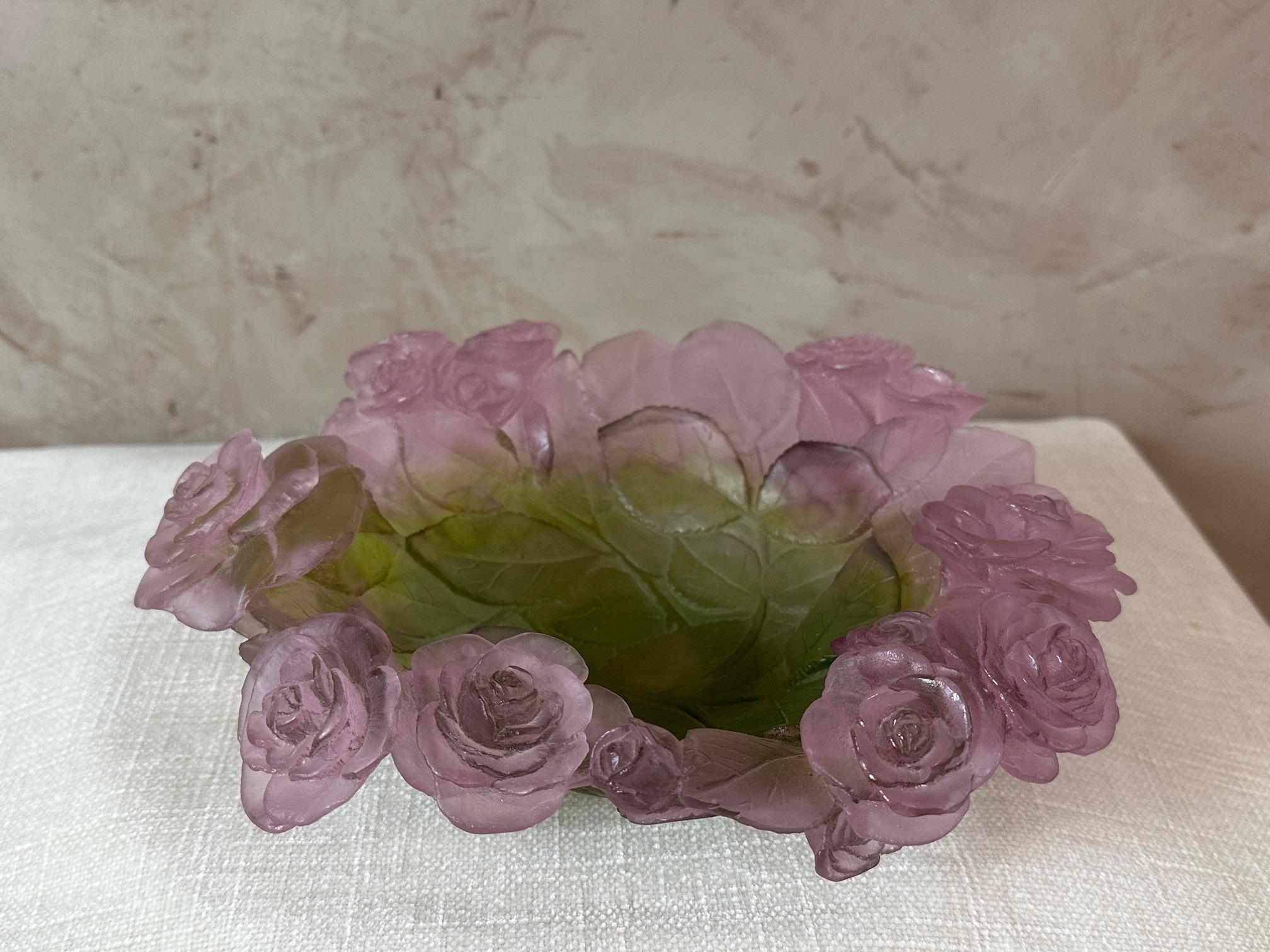 Modern Daum France Roses and Leaves Pate de verre Bowl 2
