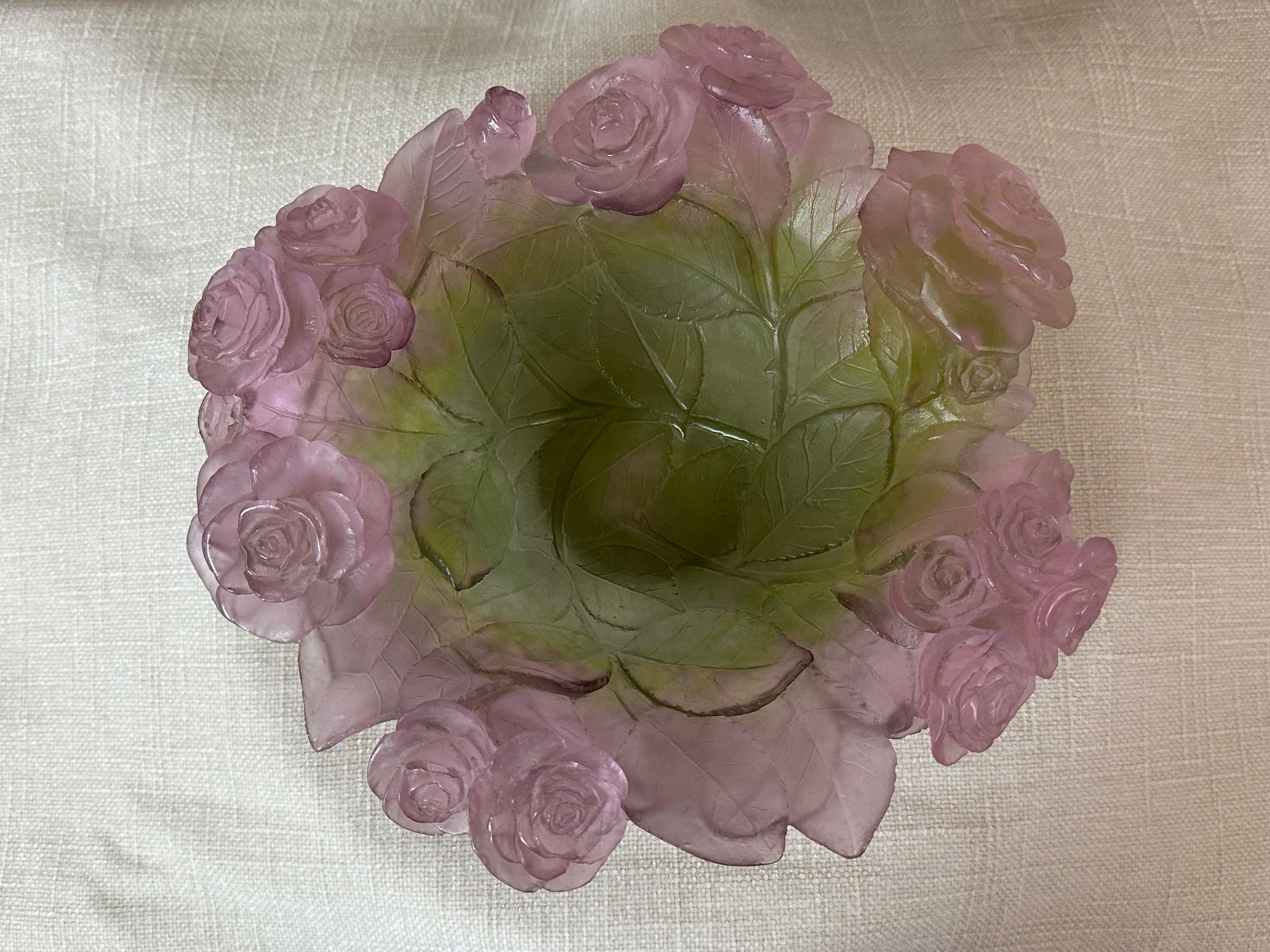 Modern Daum France Roses and Leaves Pate de verre Bowl 3