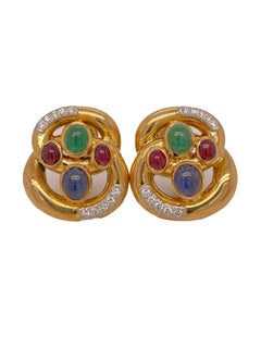 Modern David Webb Cabochon Ruby, Emerald, Sapphire, and Diamond Clip on Earrings