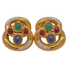 Modern David Webb Cabochon Ruby, Emerald, Sapphire, and Diamond Clip on Earrings