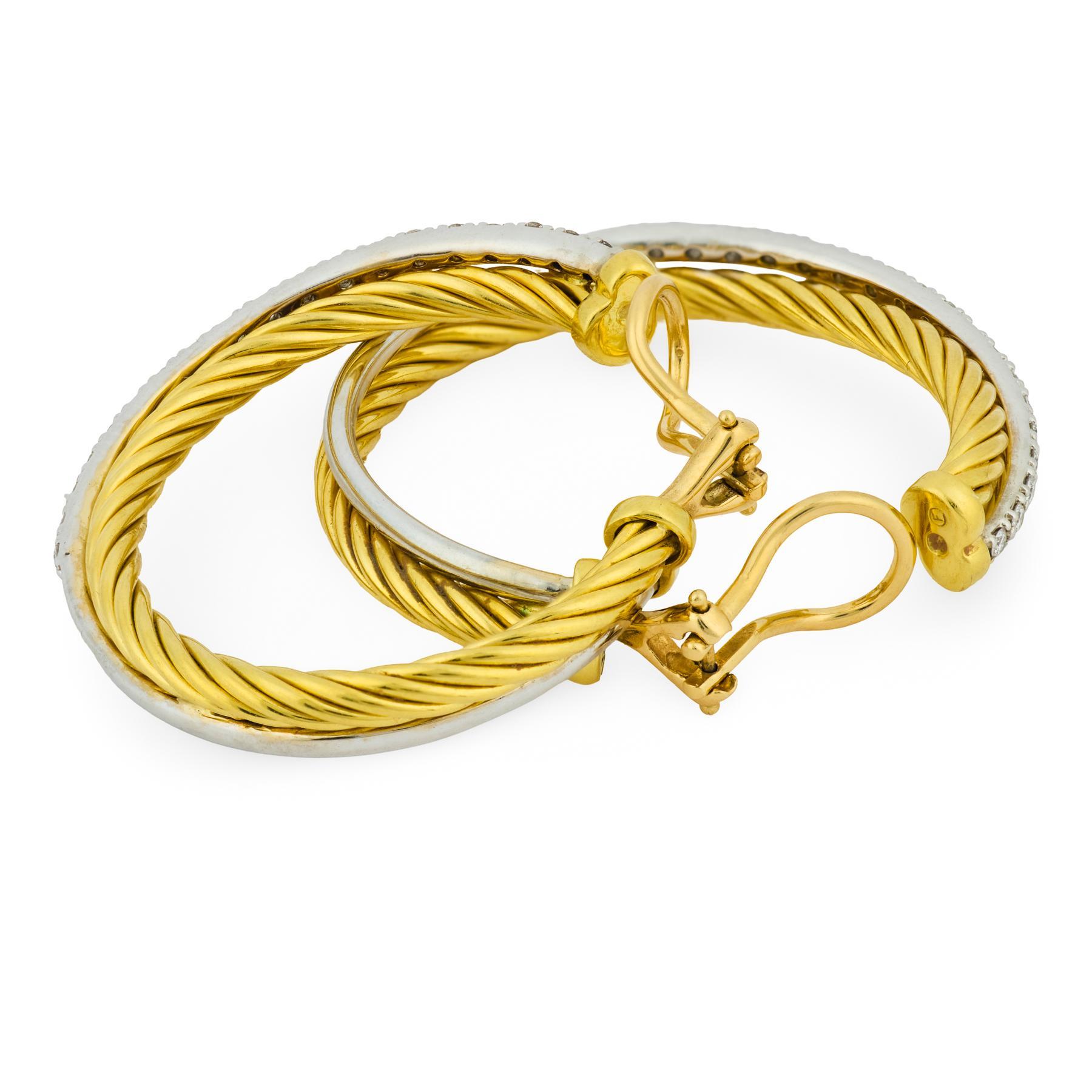 Orecchini a cerchio moderni in oro giallo e bianco con diamanti David Yurman In condizioni buone in vendita a Beverly Hills, CA