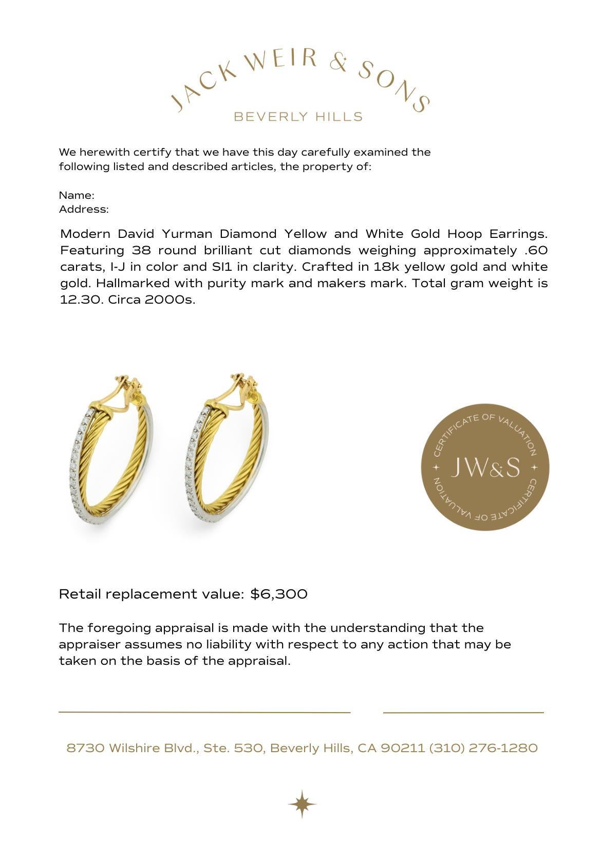 Orecchini a cerchio moderni in oro giallo e bianco con diamanti David Yurman in vendita 2