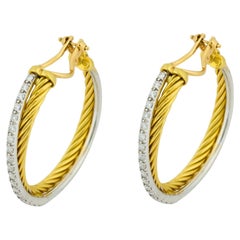 Modern David Yurman diamond yellow and white gold hoop earrings