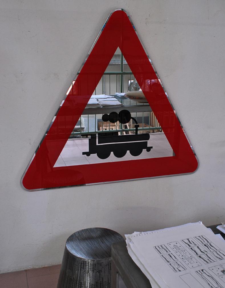 Italian Modern Davide Medri for Dilmos Triangle Mirror Handcrafted Road Signs For Sale
