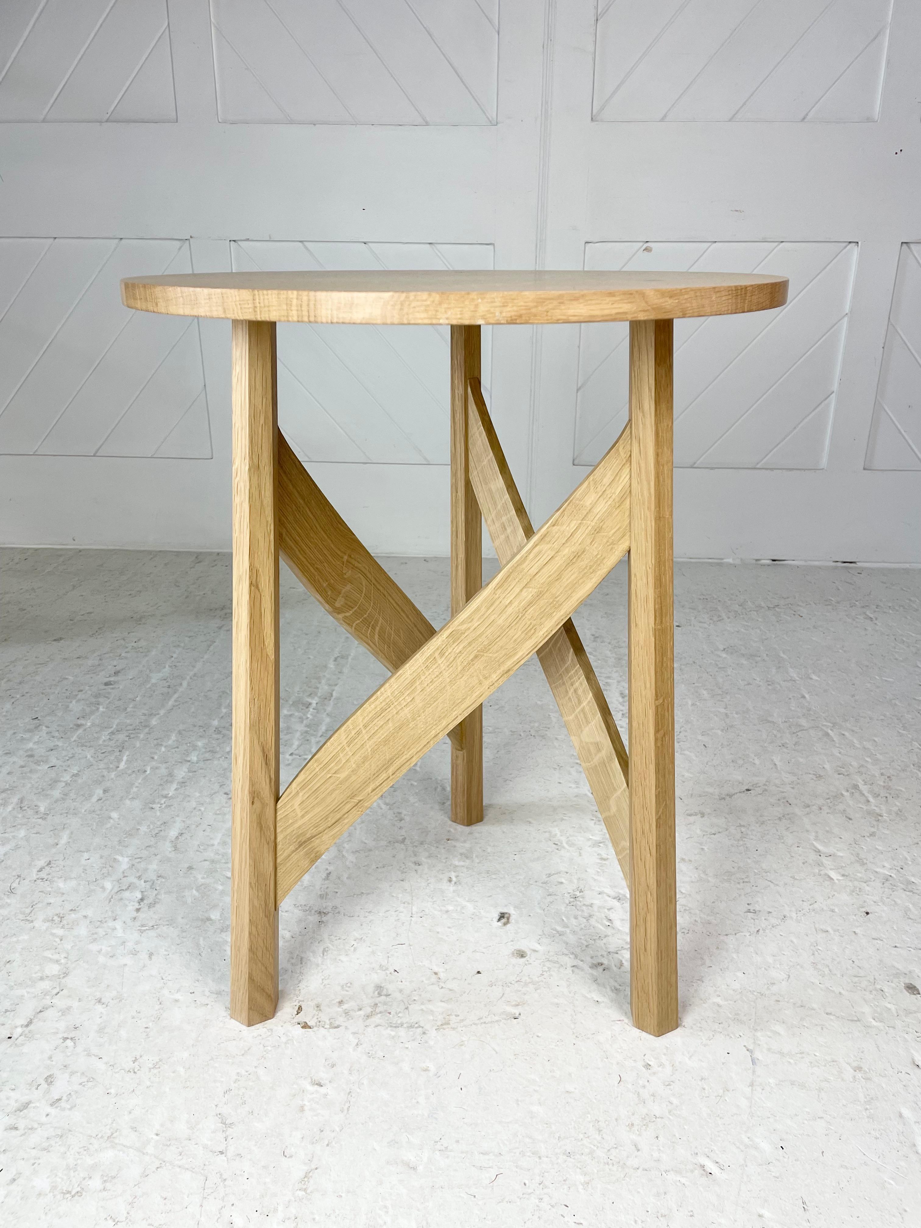 Hand made circular side-table in quarter sawn English Oak with three through jointed splayed flared octagonal legs united by shaped rails, two plank oak quarter-sawn top with ebony detail.

This table is based on a design by M.H. Bailie Scott for JP