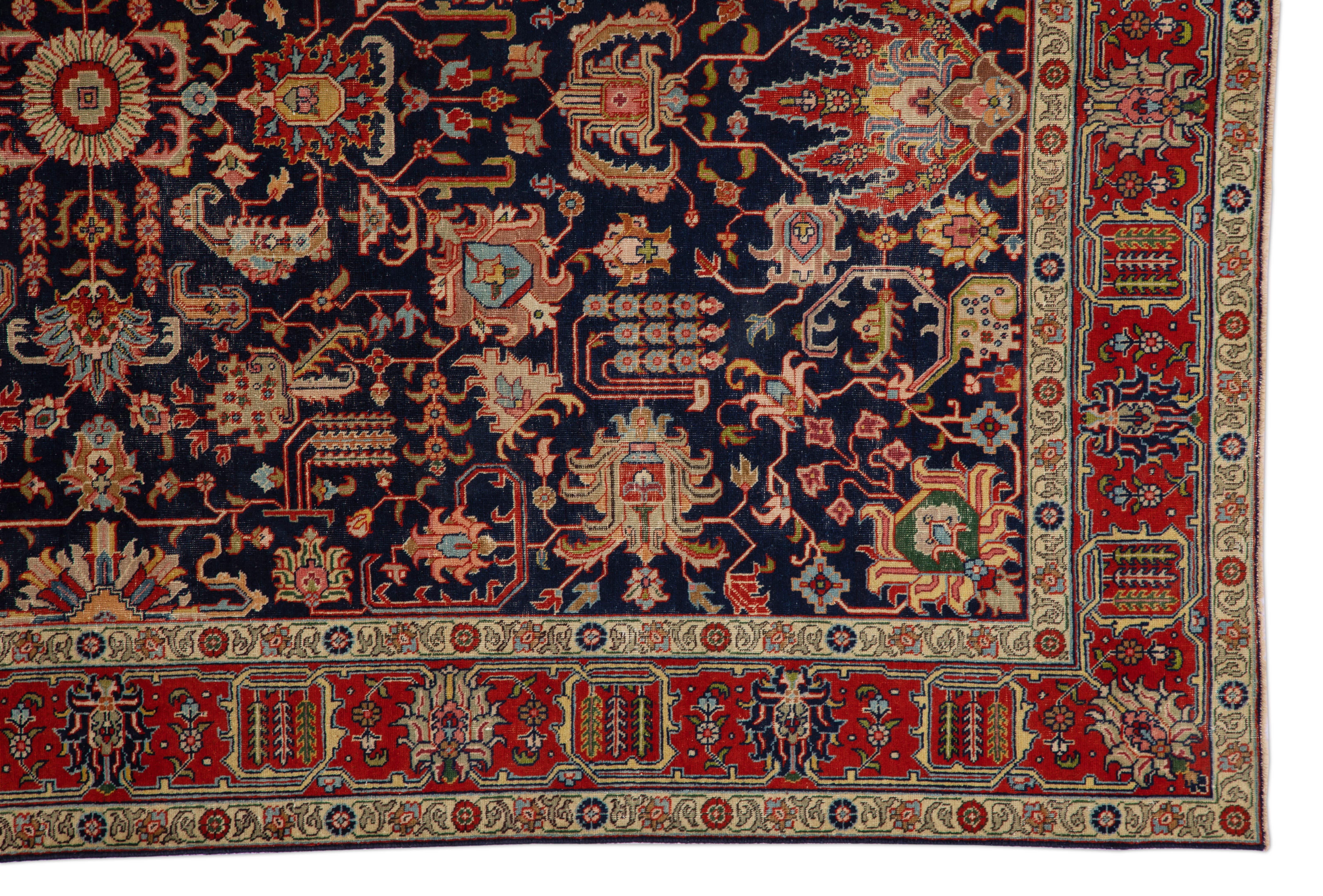 Antique Persian Tabriz Rug with Traditional Floral Motif in Navy and Red  For Sale 3