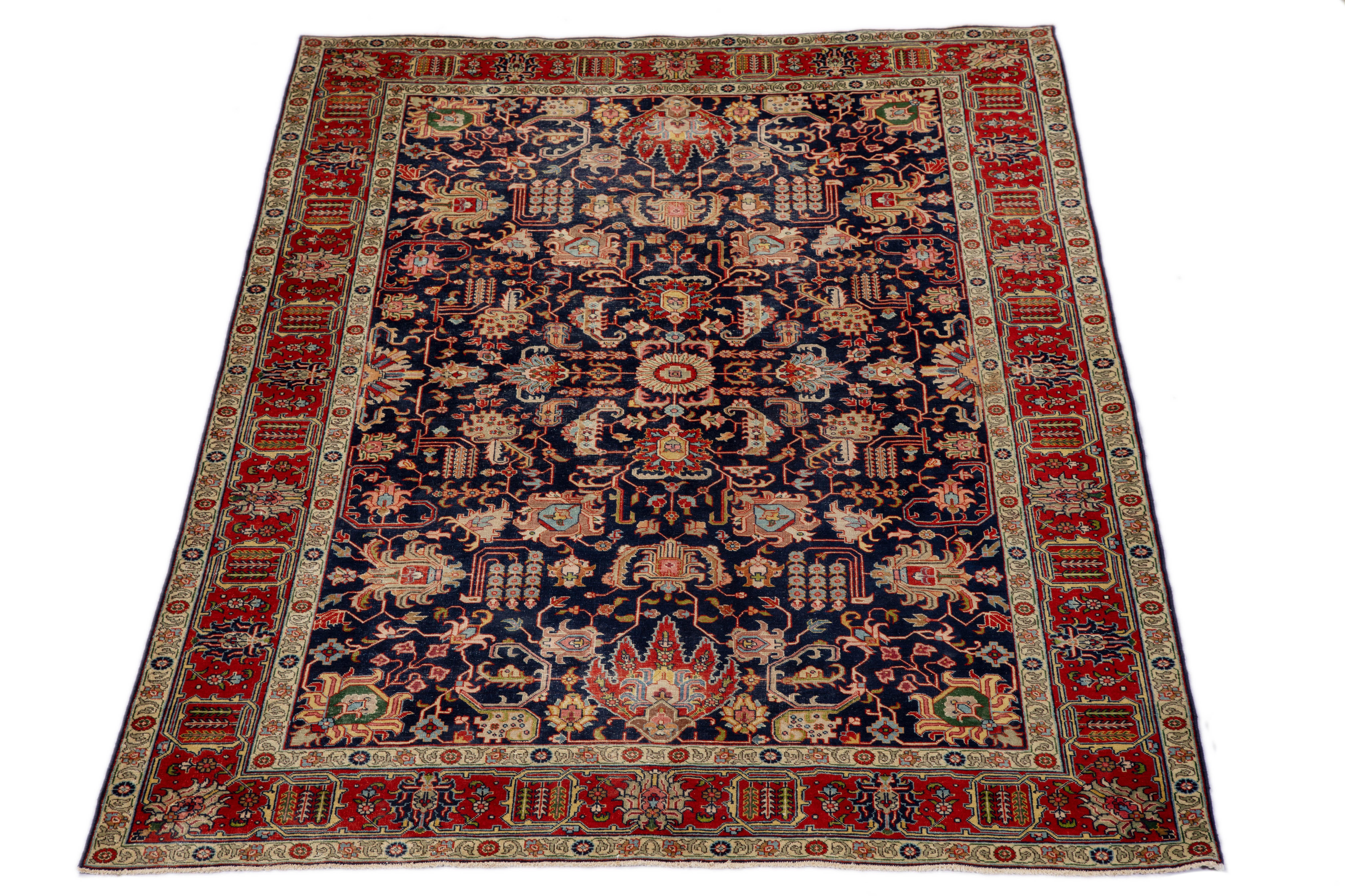 Antique Persian Tabriz Rug with Traditional Floral Motif in Navy and Red  For Sale 2