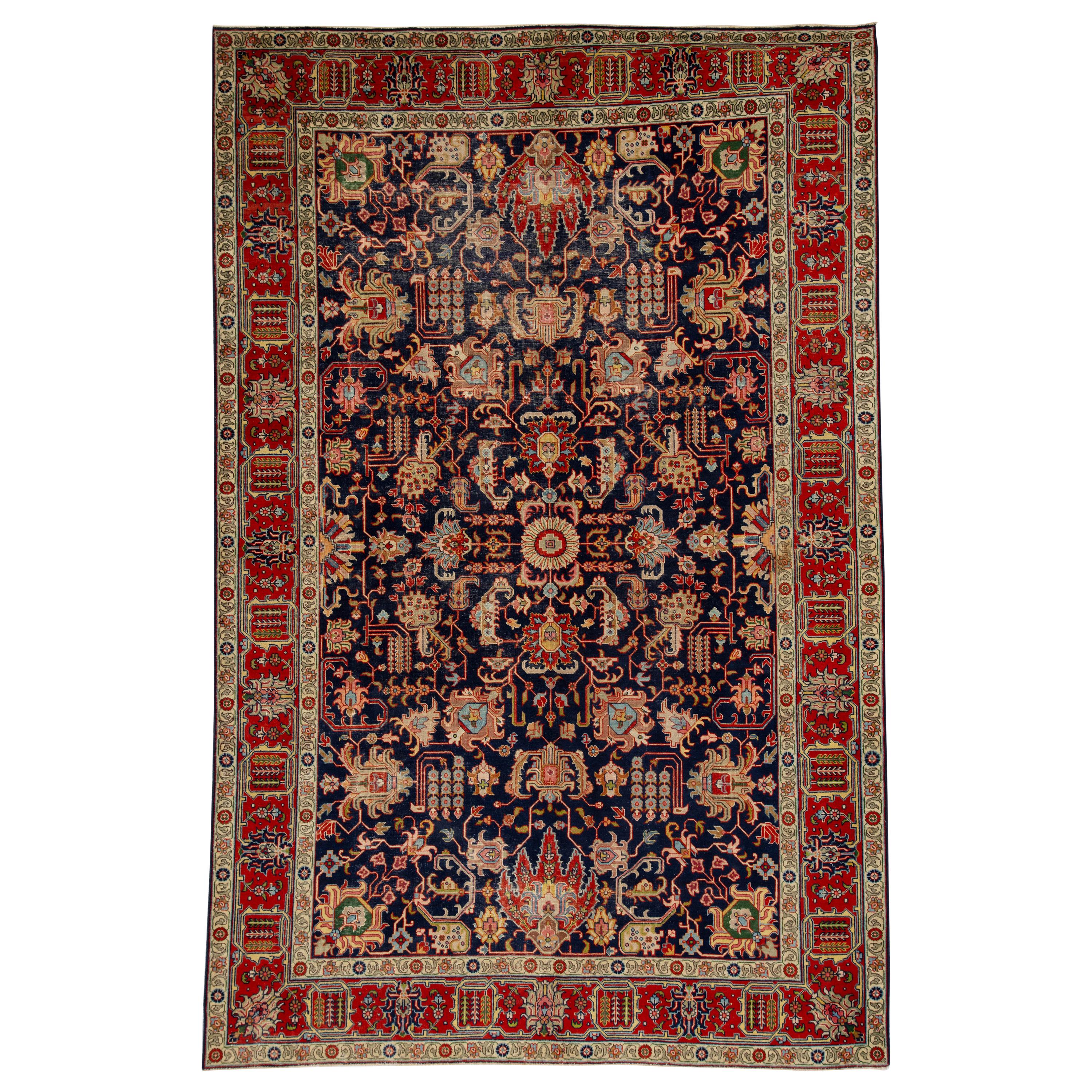 Antique Persian Tabriz Rug with Traditional Floral Motif in Navy and Red  For Sale