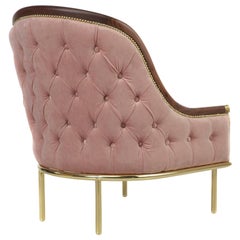 Modern Deco Armchair in Pink Velvet Capitoné, Brass Foot and Walnut Wood Frame