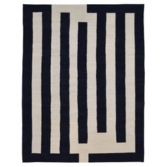 Modern Deco Black and Ivory Geometric Wool Kilim 9'10''x12'10''