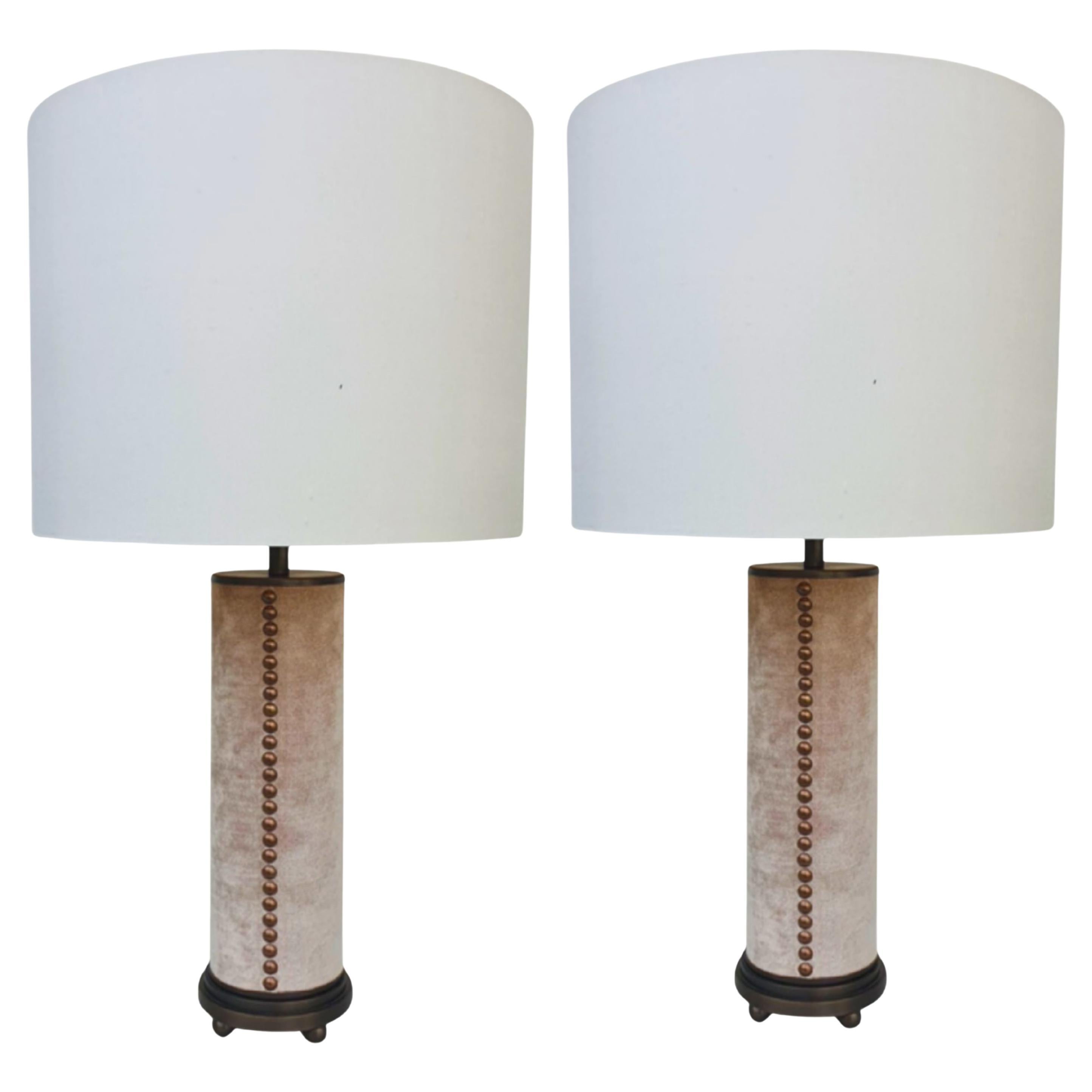Modern Deco cast Bronze Stepped Column Lamp with Ball Feet & Silk Velvet Column For Sale