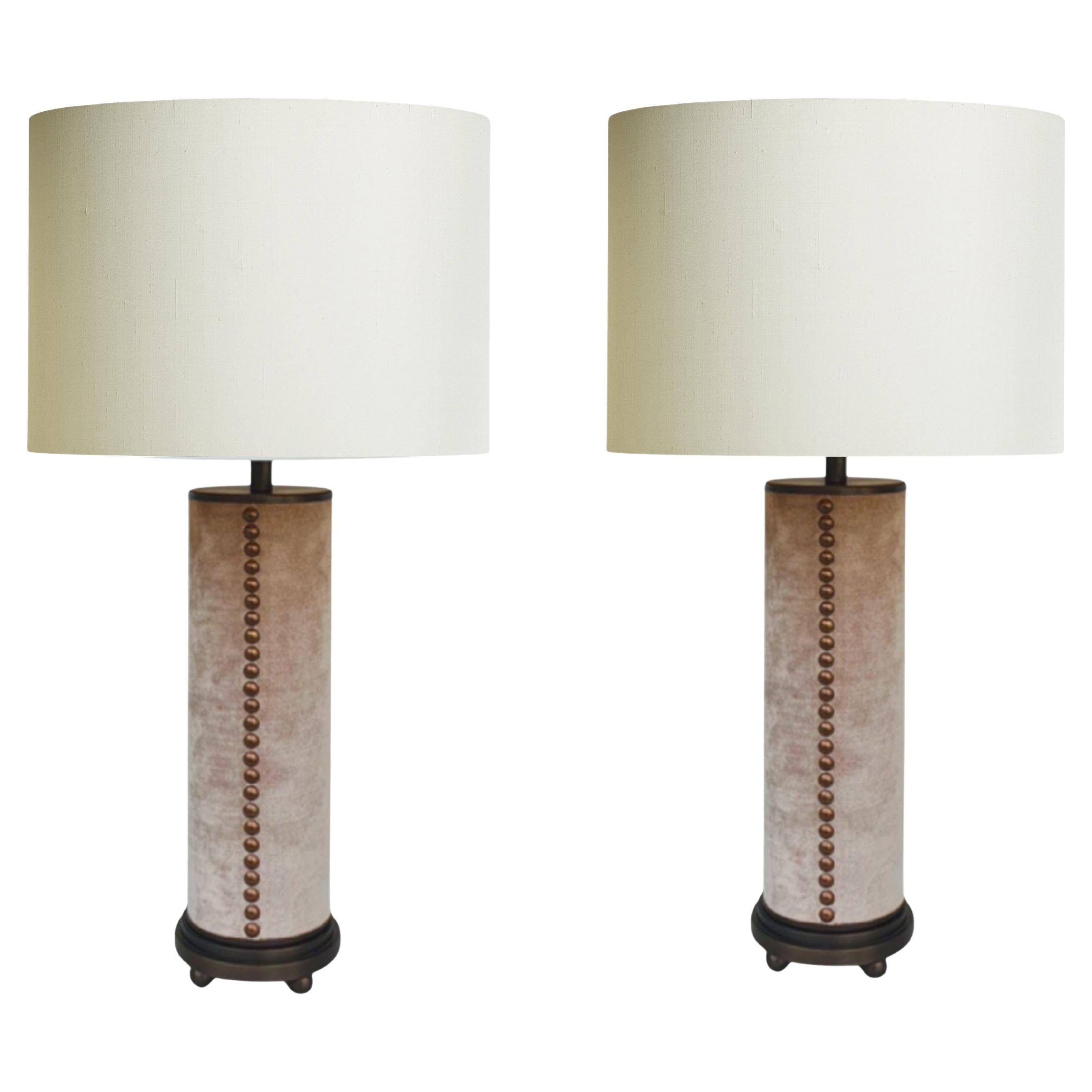 Modern Deco cast Bronze Stepped Column Lamp with Ball Feet & Silk Velvet Column For Sale