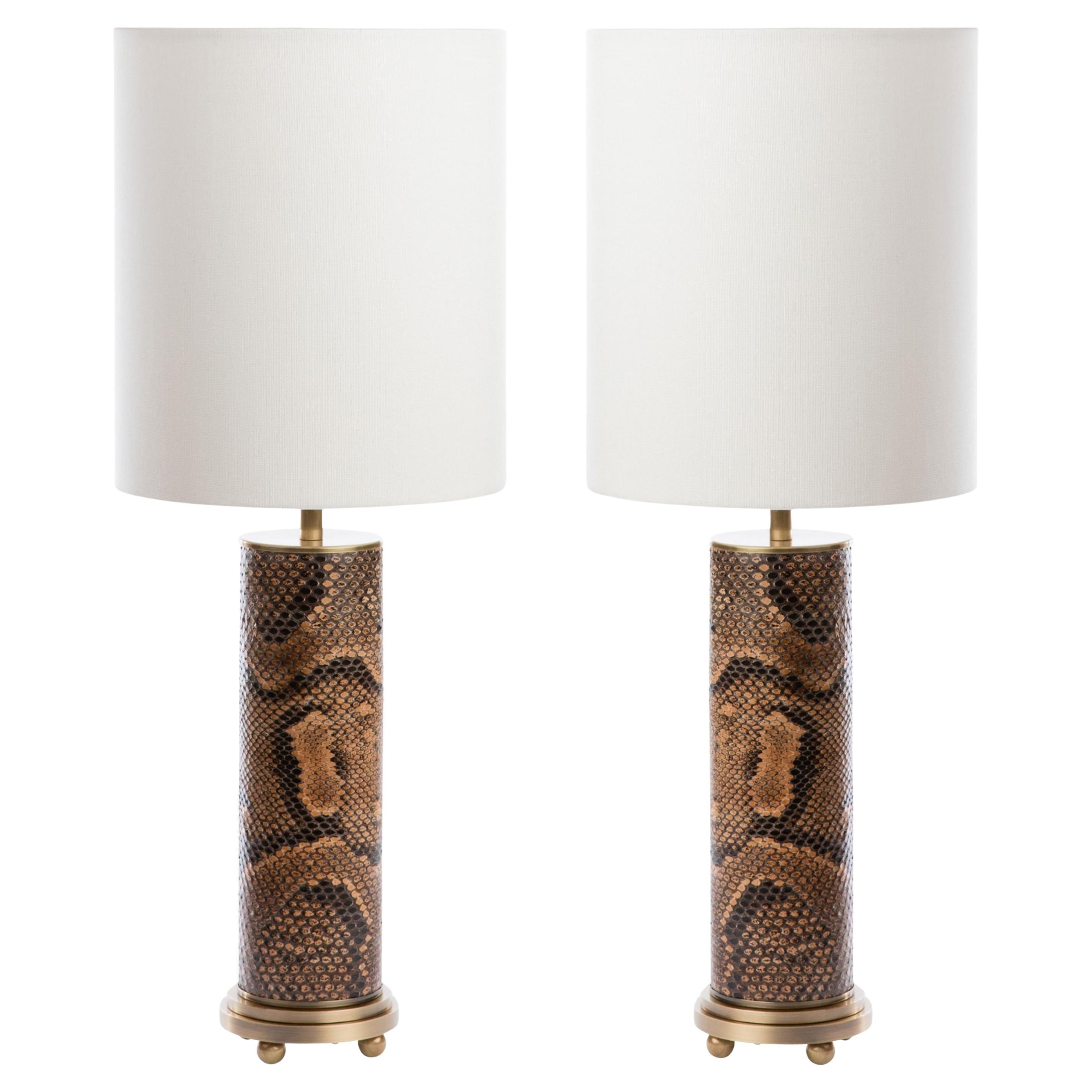 Modern Deco cast Bronze Stepped Column Lamp with real Snake skin upholstery