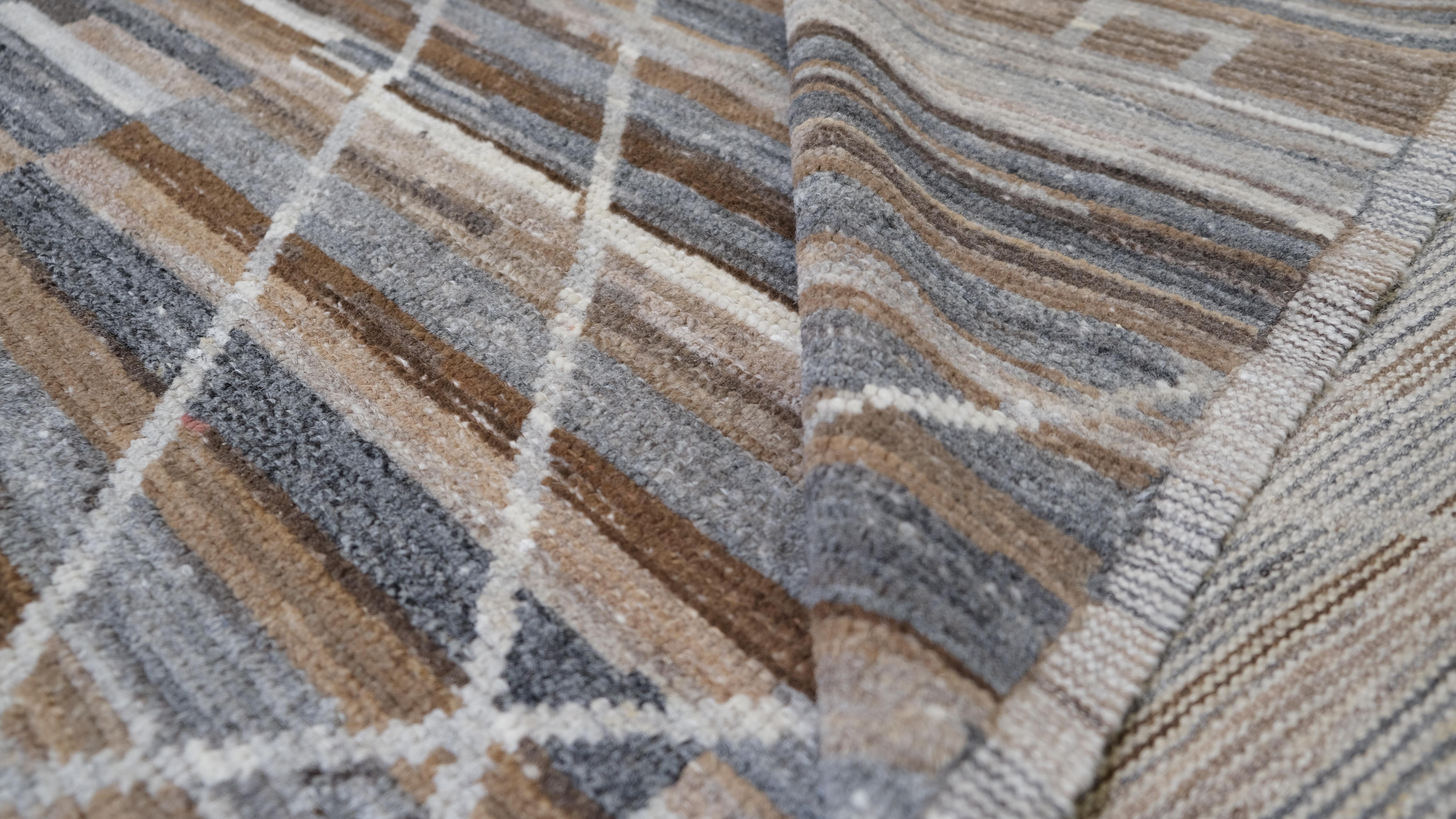 Annodato a mano Tappeto moderno Deco con motivi a diamante in lana marrone naturale e grigio 12'x15'2'' in vendita