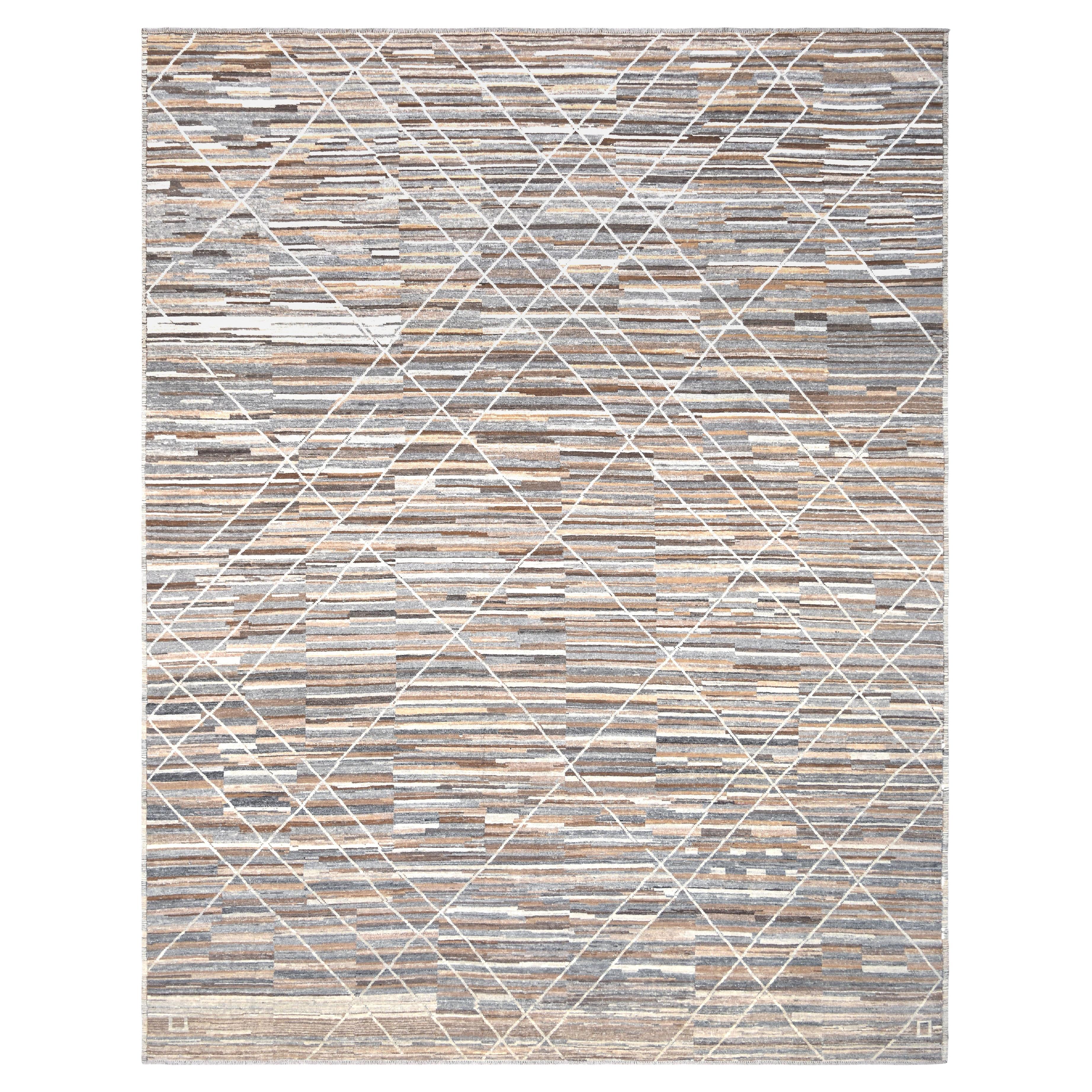 Alfombra Deco Moderna de Lana con Diseño de Diamantes Natural Marrón Gris 12'x15'2''