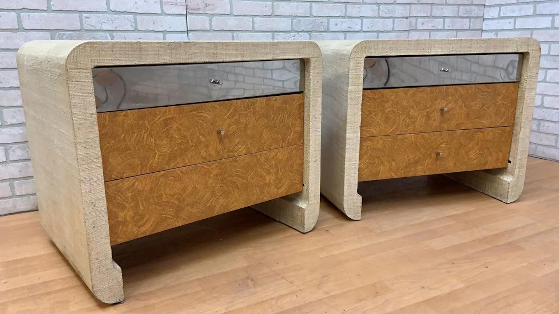 Modern Deco Ernest Masi Style Grass Cloth Wrapped Burlwood End Tables - Pair

Introducing the Modern Deco Ernest Masi style grass cloth wrapped burlwood end tables, a perfect blend of contemporary design and natural elegance. These end tables