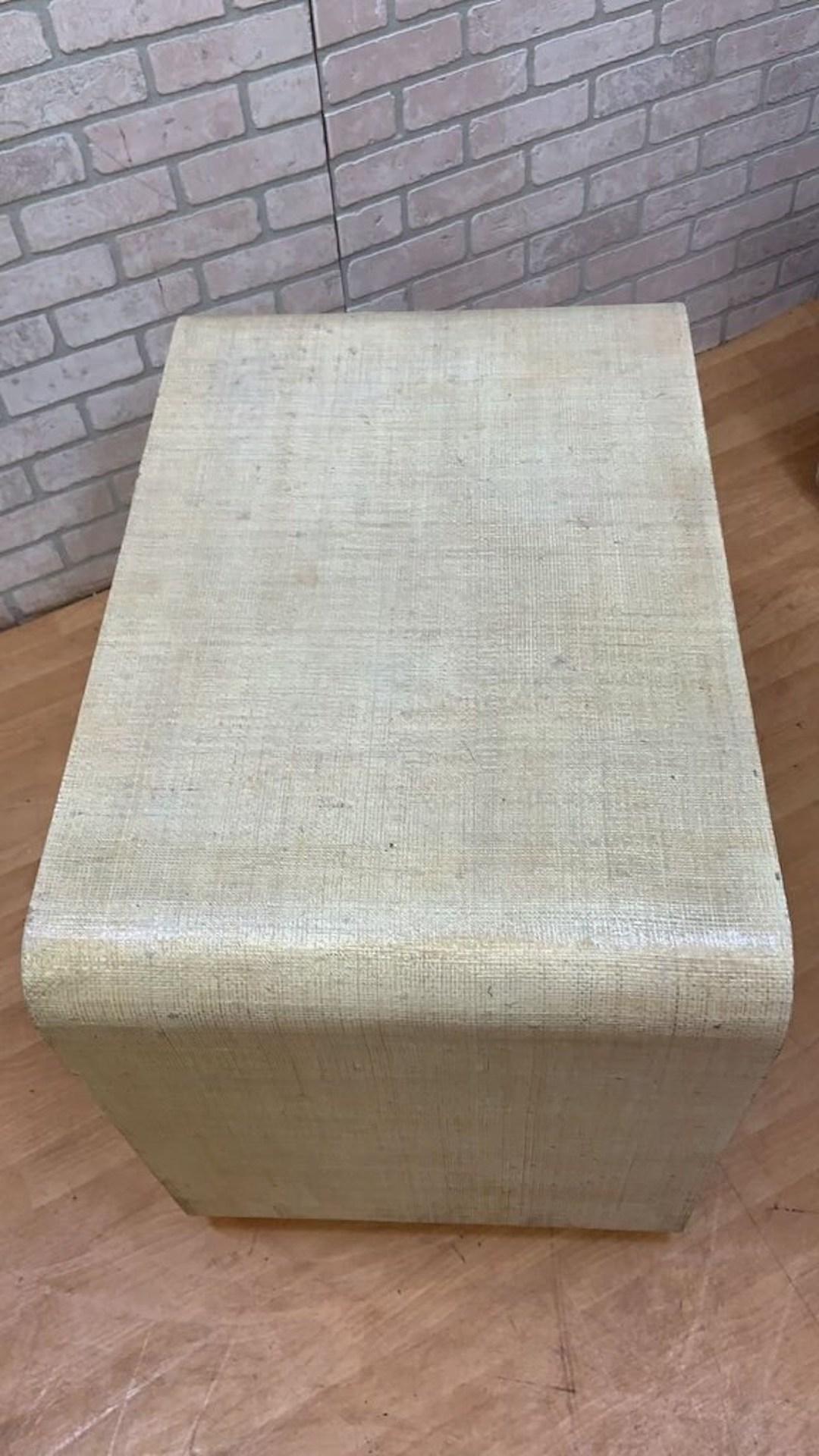 Modern Deco Ernest Masi Style Grass Cloth Wrapped Burlwood End Tables - Pair In Good Condition For Sale In Chicago, IL