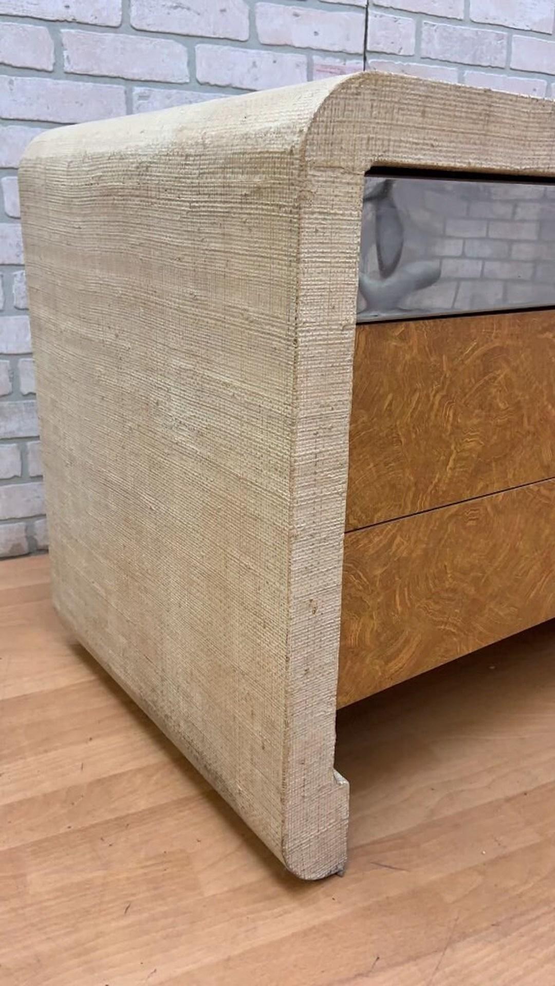 20th Century Modern Deco Ernest Masi Style Grass Cloth Wrapped Burlwood End Tables - Pair For Sale