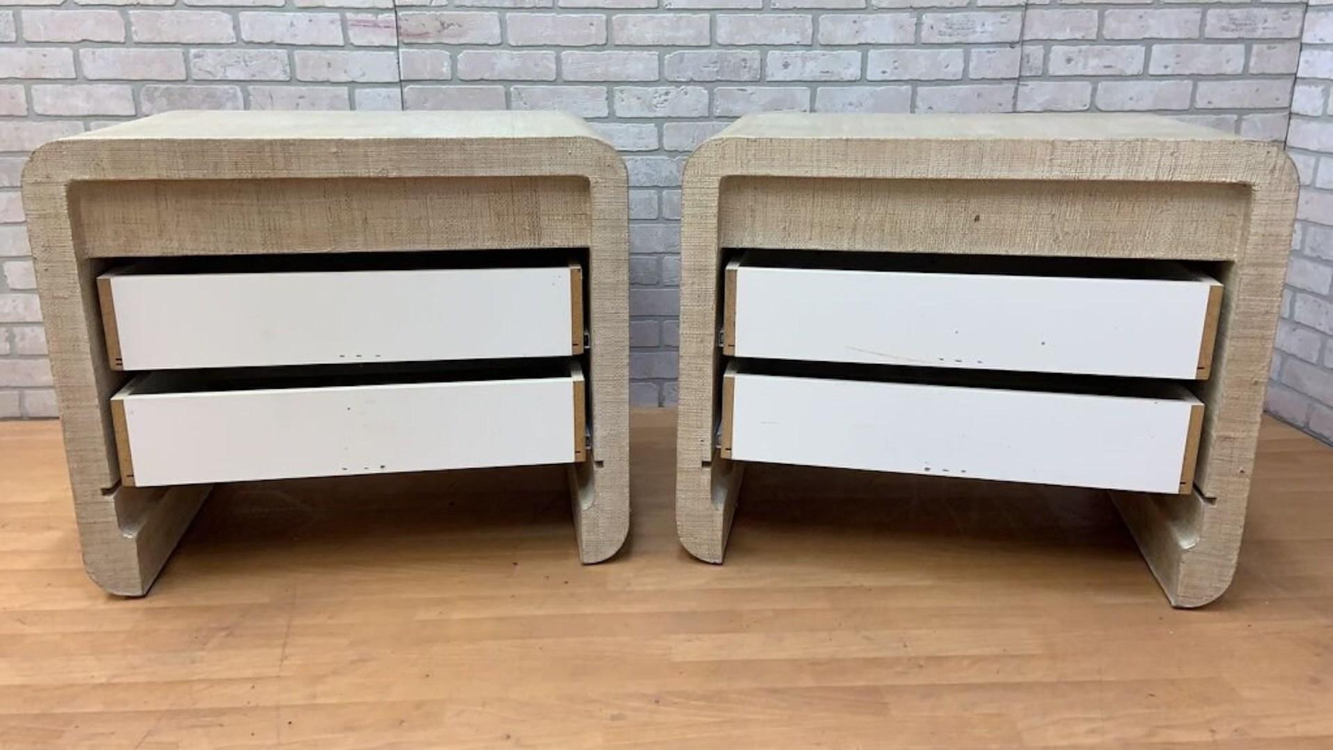 Modern Deco Ernest Masi Style Grass Cloth Wrapped Burlwood End Tables - Pair For Sale 1