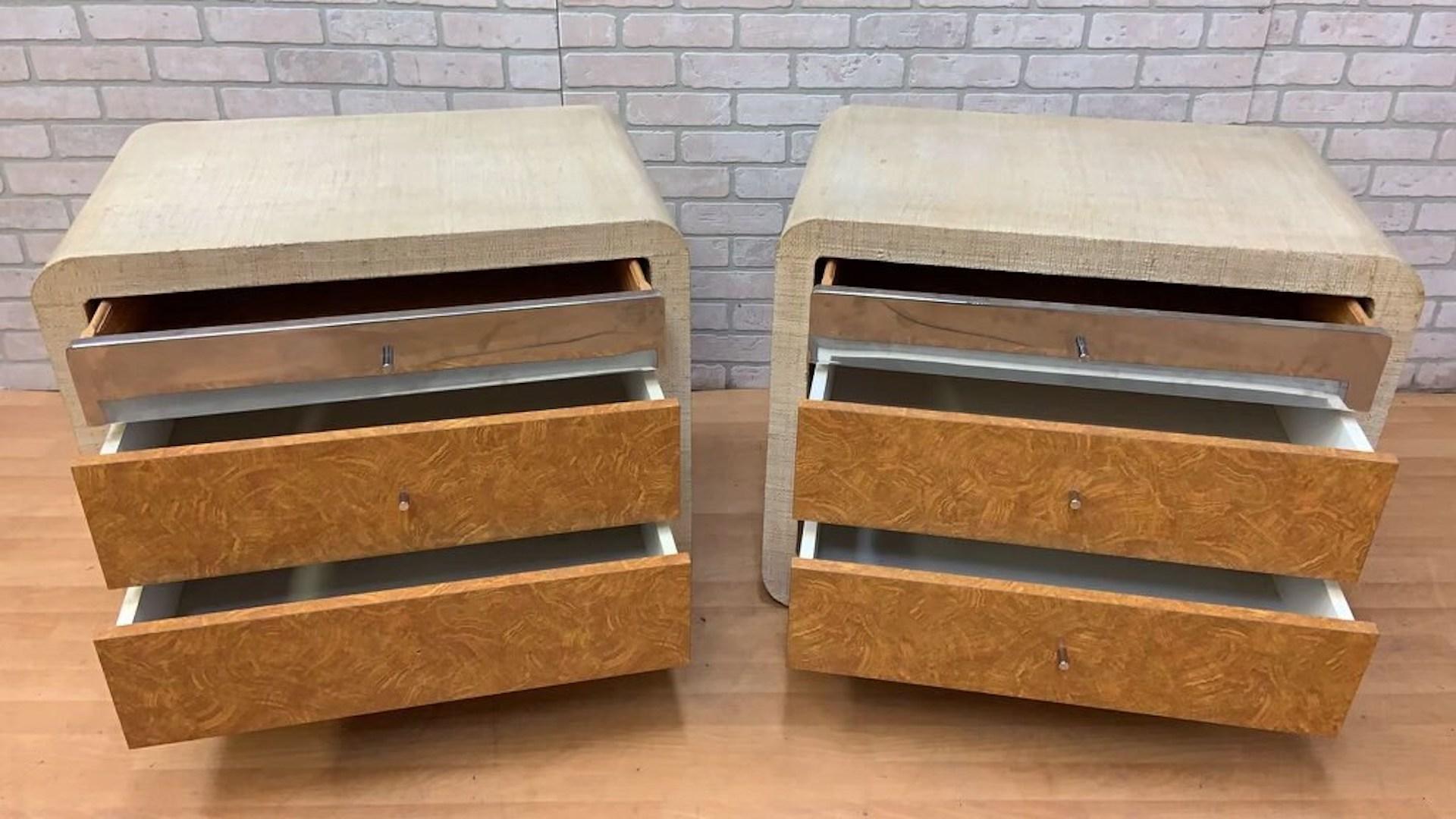 Modern Deco Ernest Masi Style Grass Cloth Wrapped Burlwood End Tables - Pair For Sale 2