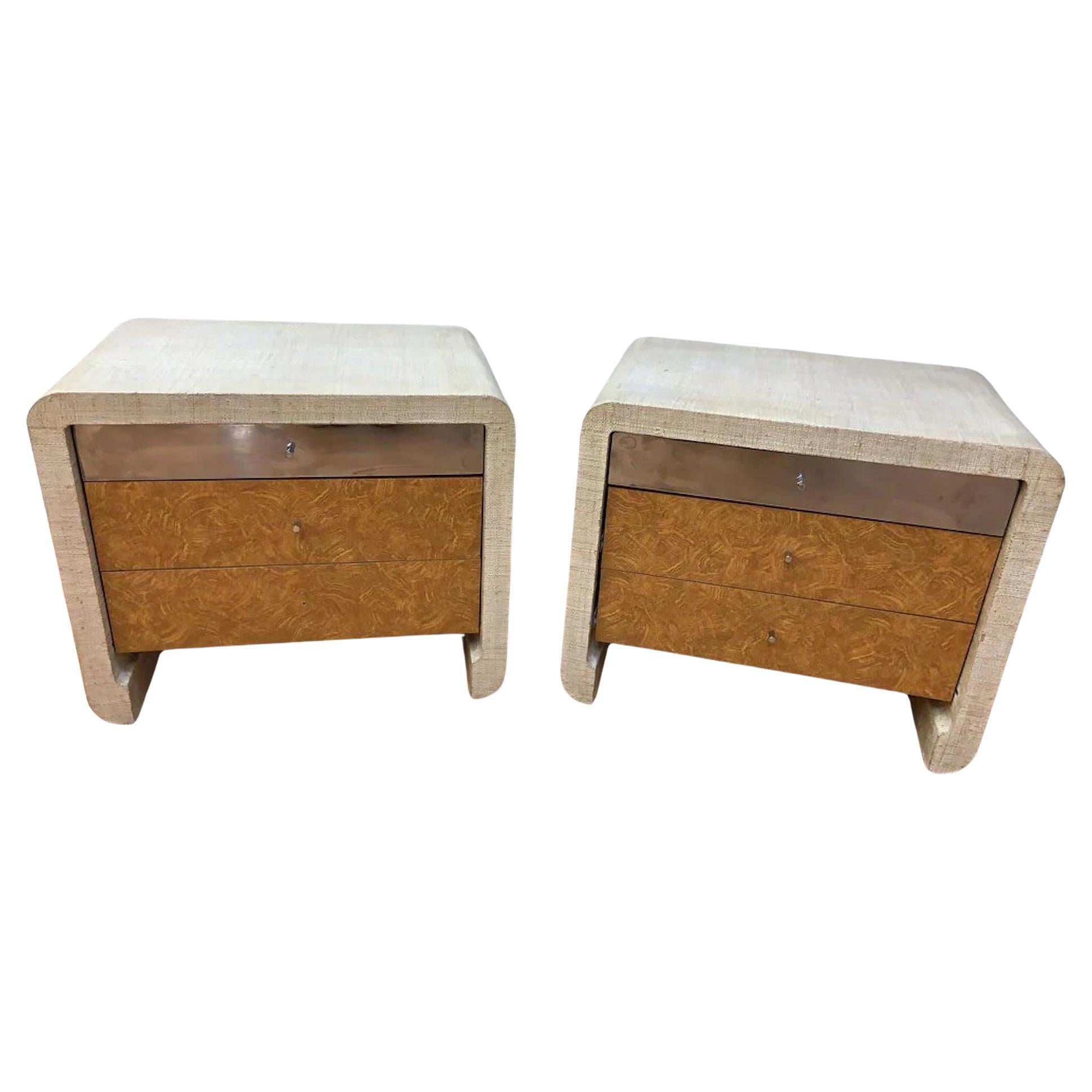 The Moderns Modern Deco Ernest Masi Style Grass Cloth Wrapped Burlwood End Tables - Pair