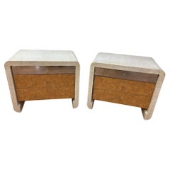 Modern Deco Ernest Masi Style Grass Cloth Wrapped Burlwood End Tables - Pair