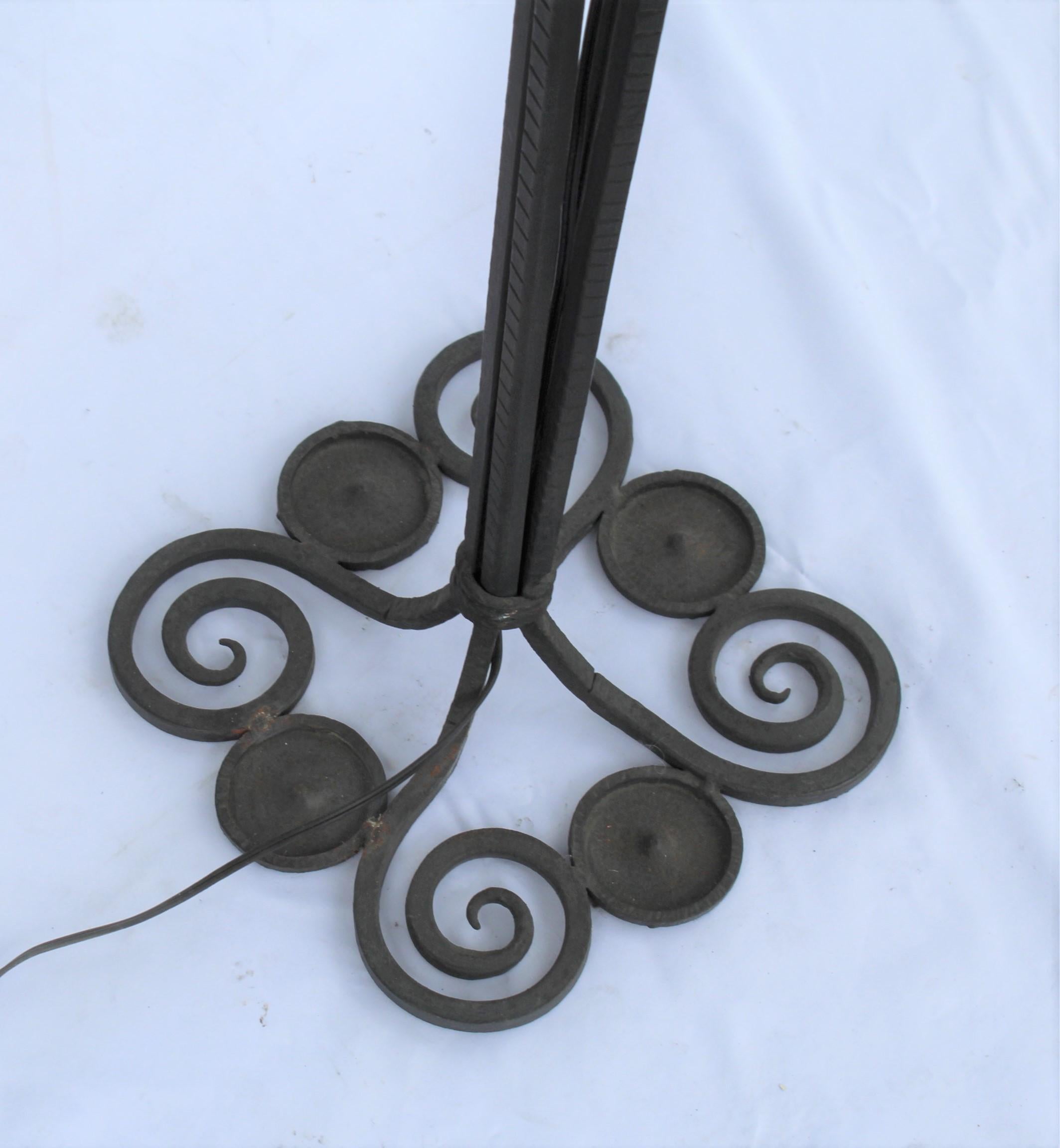 Modern/Deco Floor Lamp, Art Glass Shade, Forged Iron Base In Good Condition For Sale In Los Angeles, CA
