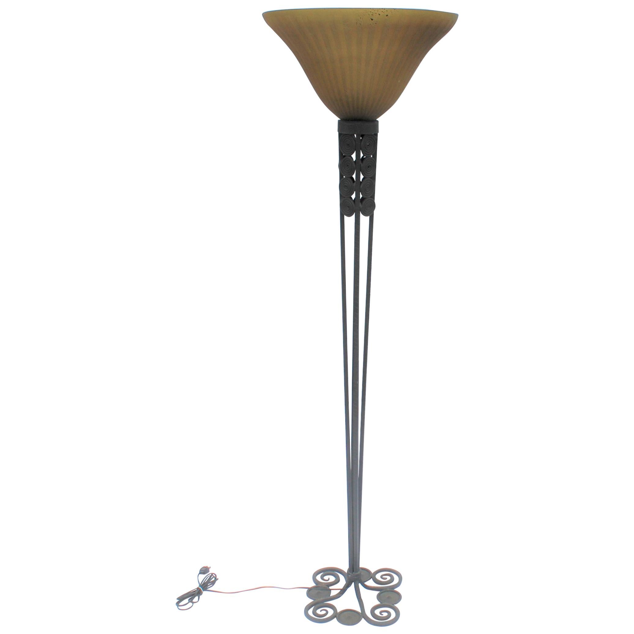 Modern/Deco Floor Lamp, Art Glass Shade, Forged Iron Base For Sale