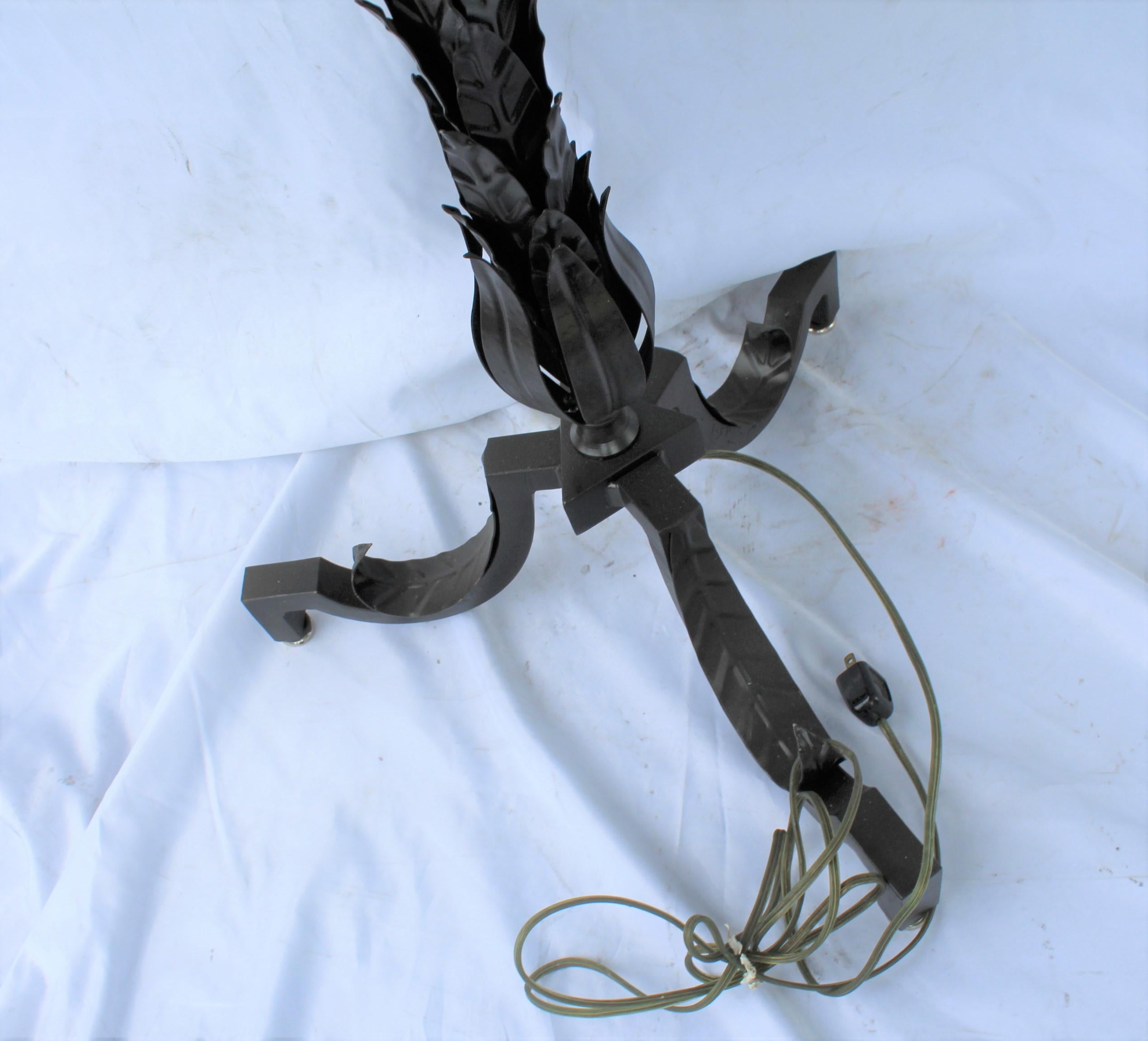 Steel forged frame in deco /modern design floor lamp. All hand made with Delux double socket with pull chains. Solid brass. Has a dark bronze painted finish. Like new in storage a long time. Designed for Antique dealer in LA. Has never been used.