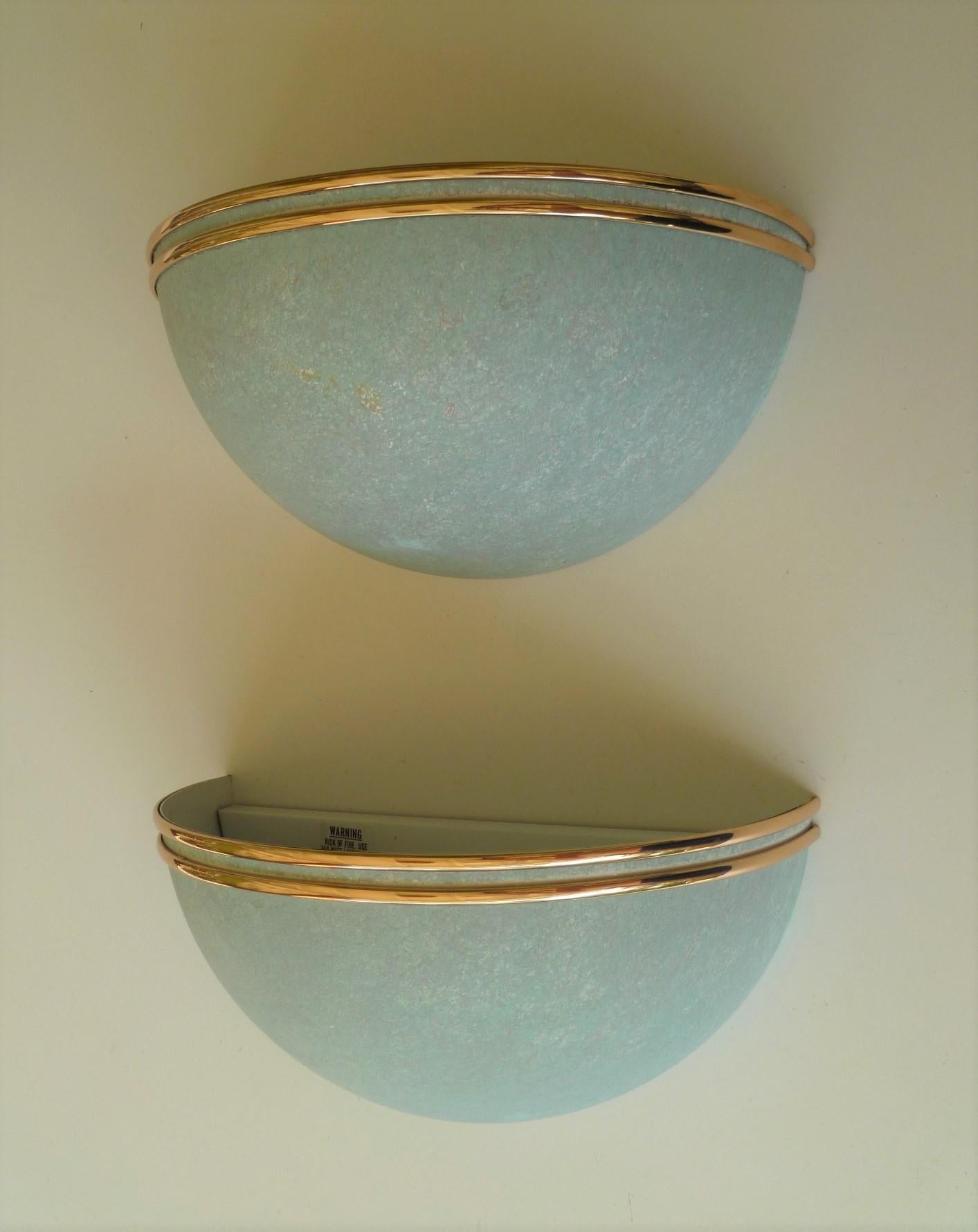 Pair of modern deco metal half moon sconces from the late 1970s, when Modern Art Deco was used in a Miami Vice revival in decoration. Pastel colors were popular and Verdigris was one of the colors of the day and a light textured finish was