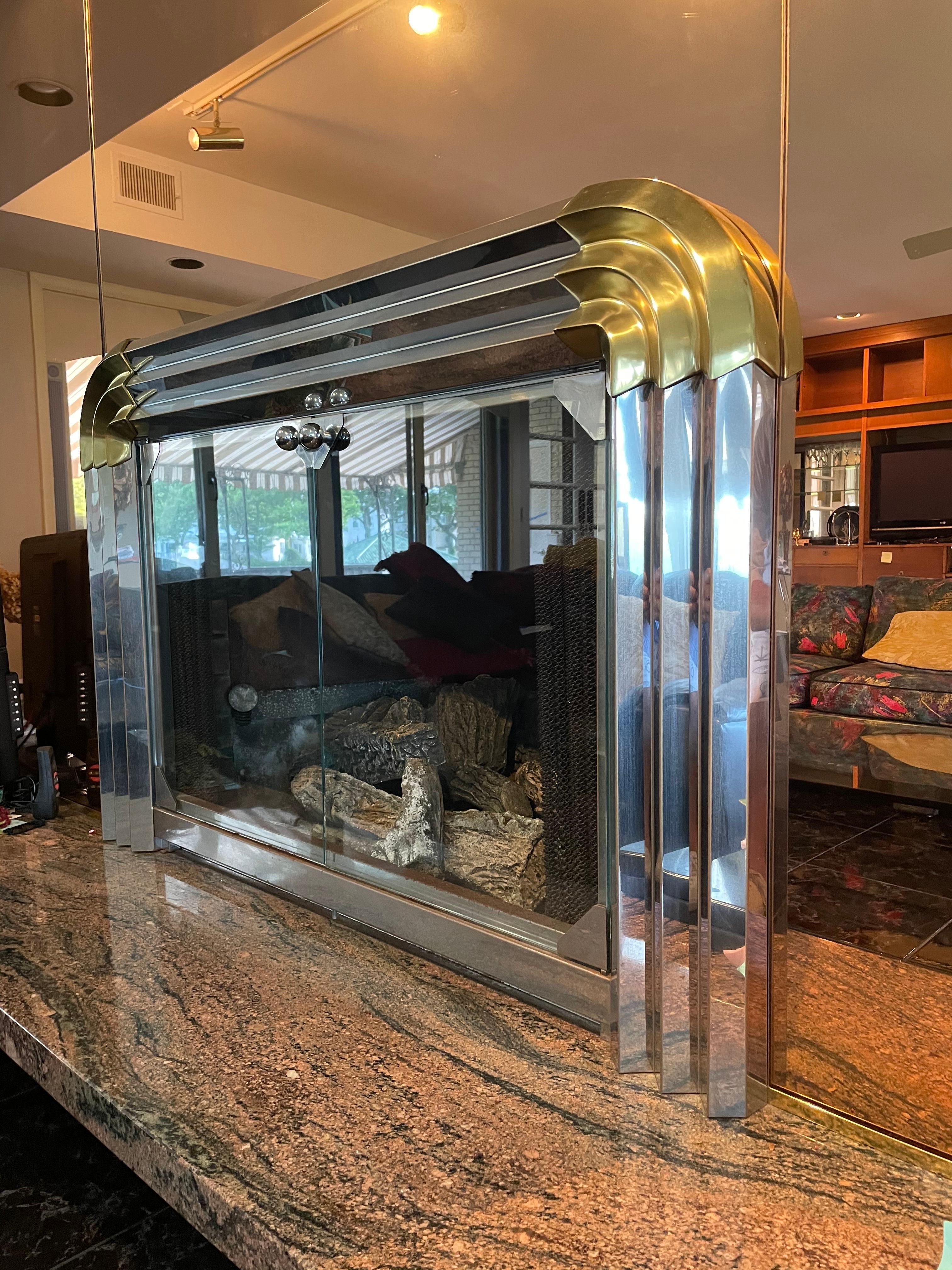 Modern Deco Revival Steel and Brass Fireplace Surround In Good Condition For Sale In W Allenhurst, NJ