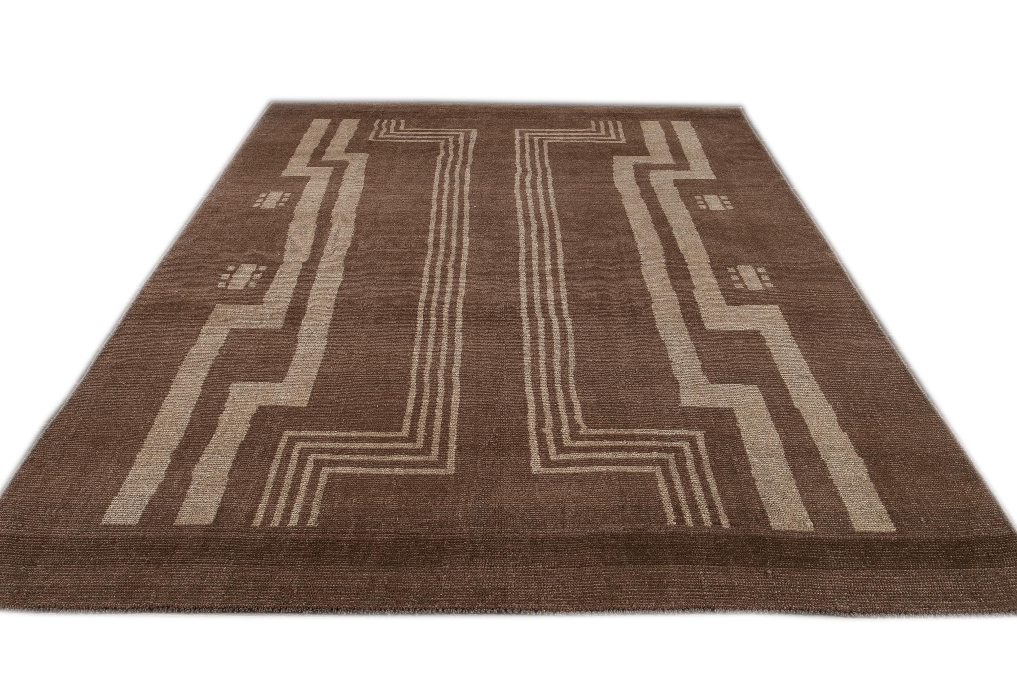 Mid-Century Modern Modern Deco Style Handmade Geometric Brown and Beige Wool Rug For Sale