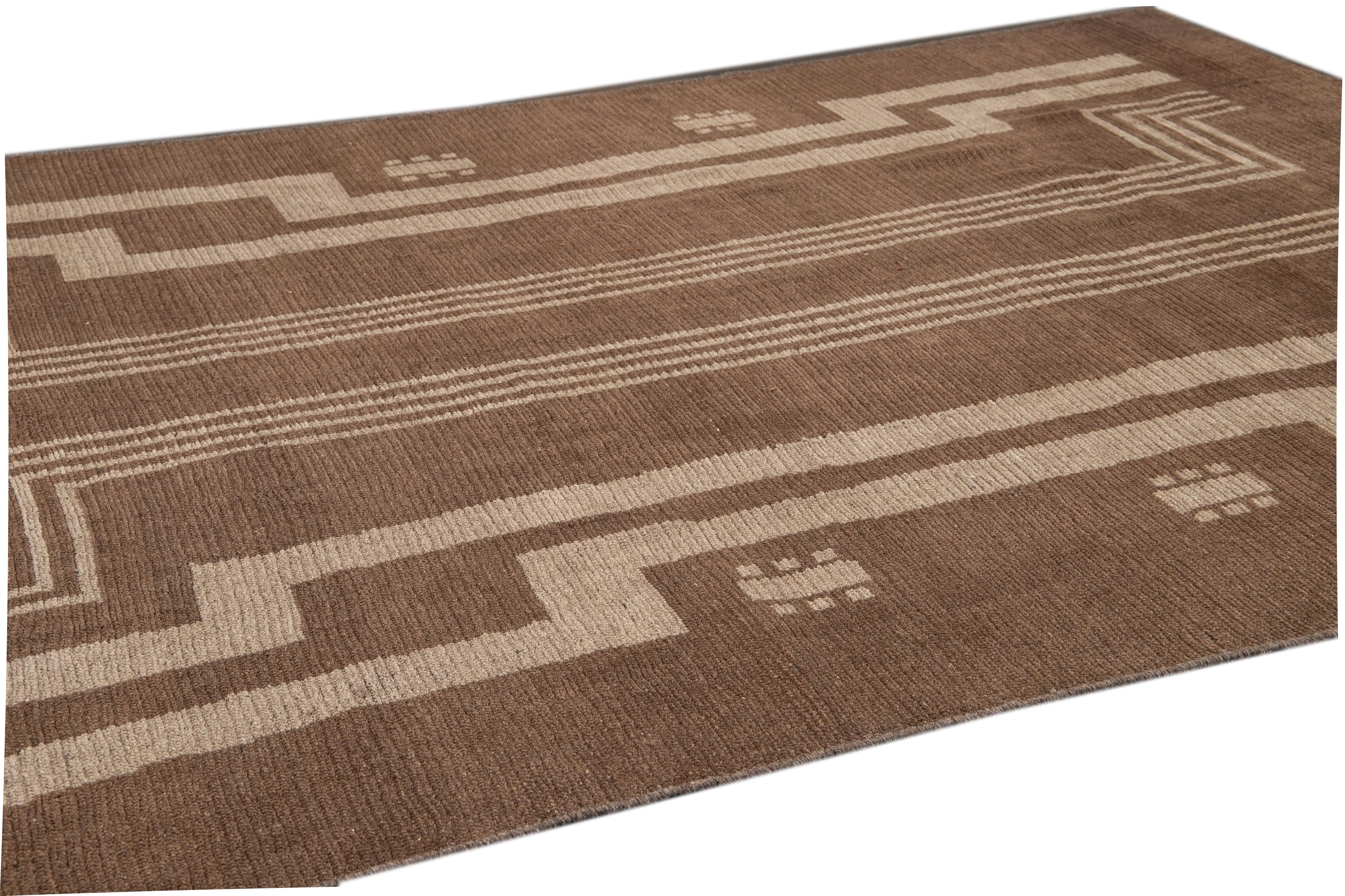 Hand-Knotted Modern Deco Style Handmade Geometric Brown and Beige Wool Rug For Sale